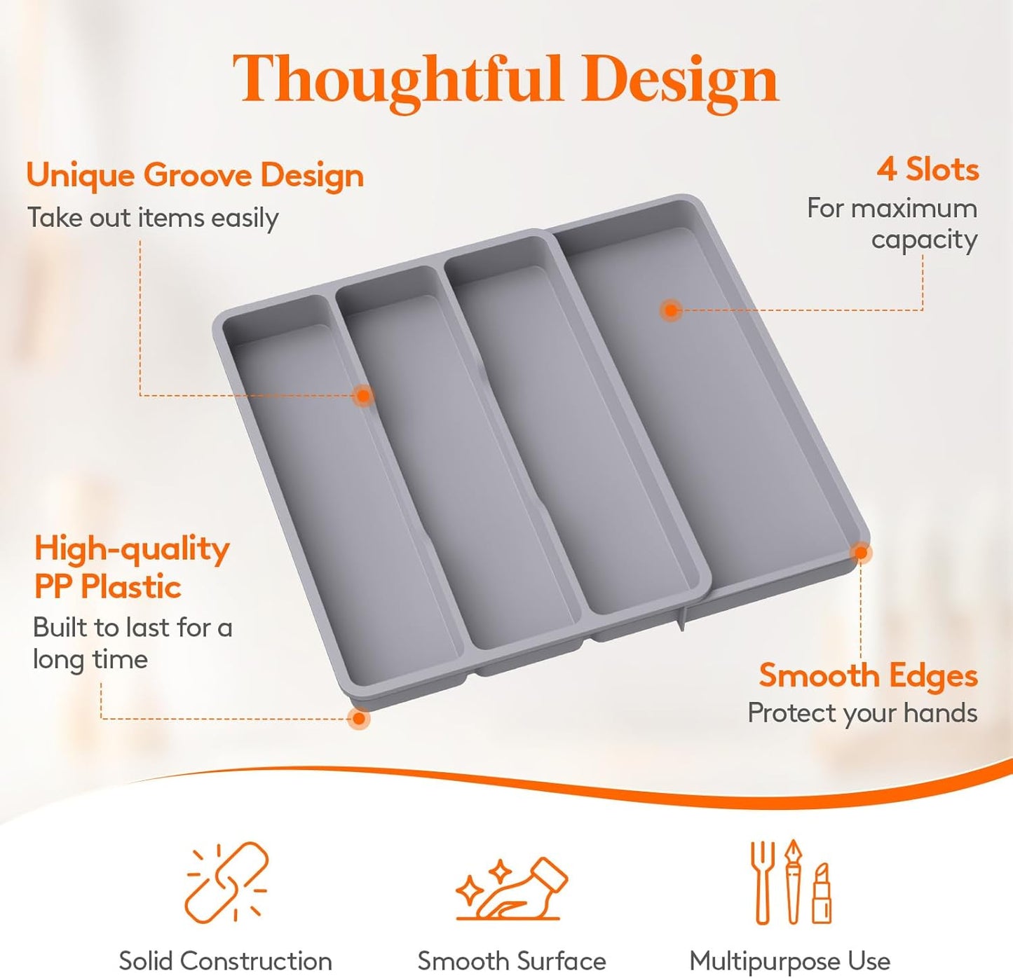 Lifewit Utensil Drawer Organizer, Expendable Cooking Silverware Tray for Kitchen Drawer, Adjustable Cutlery Flatware Holder, Plastic Spatula Tools and Gadgets Storage Divider, 4 Compartments, Gray