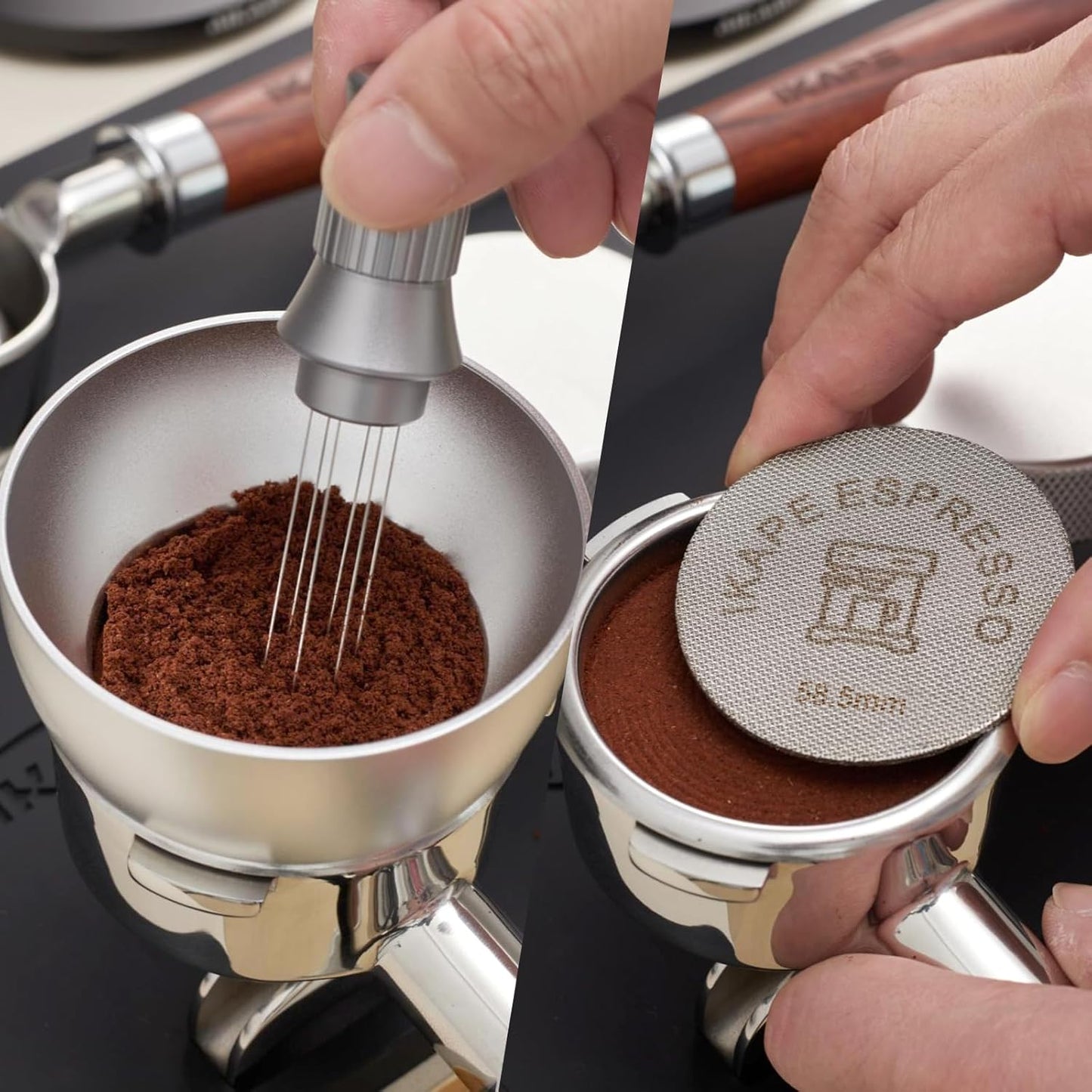 IKAPE Magnetic Dosing Funnel Set, 58MM Espresso Dosing Ring & Puck Screen Kit Compatible with 58MM Bottomless Portafilter - with 10 Small Magnet (Silver)