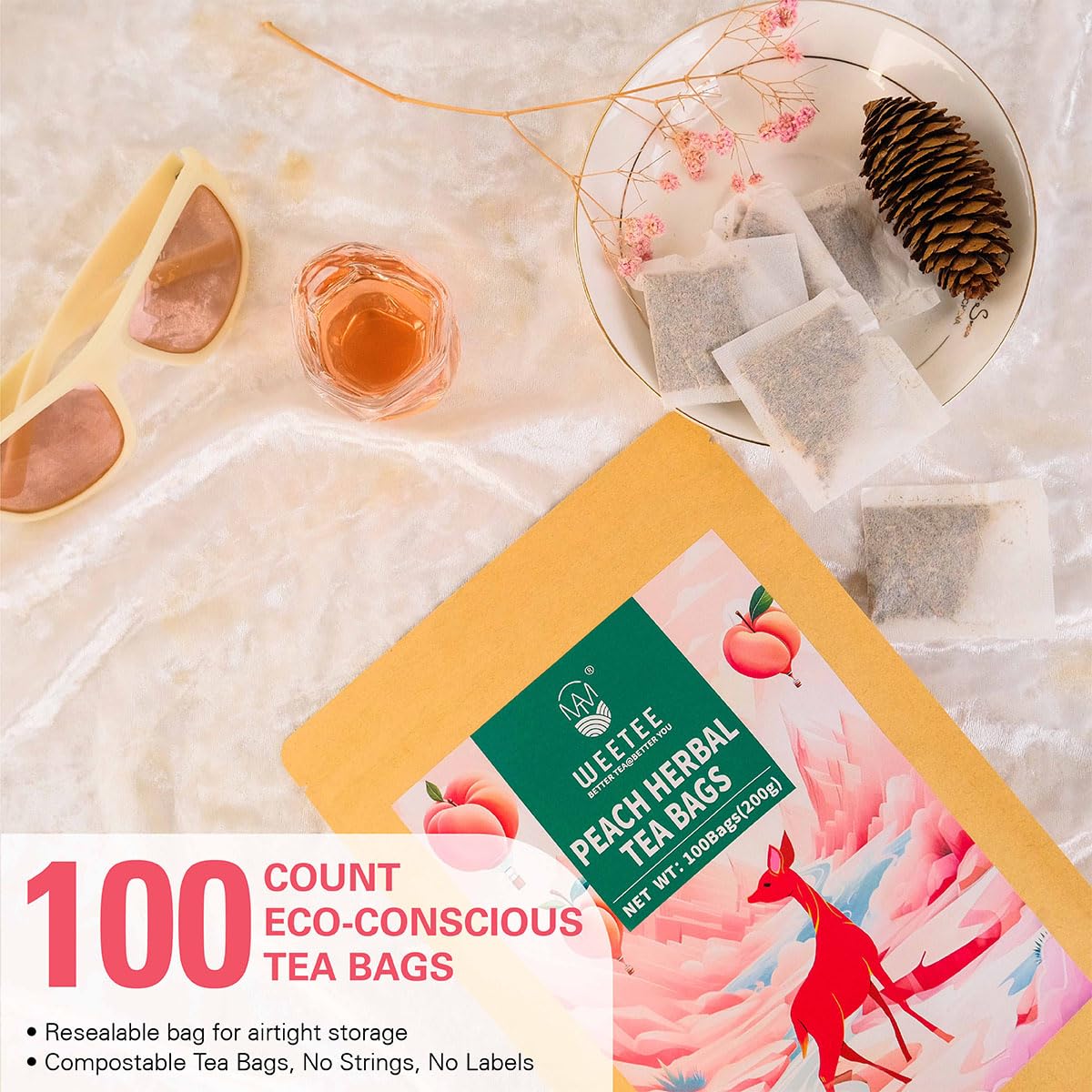 WT WEETEE Peach Herbal Tea Bags, Caffeine Free Tea Made with Rose Hip, Orange Peel, Hawthorn, Chamomile, Hibiscus & More, 100 Counts Peach and Herbs Good for Iced