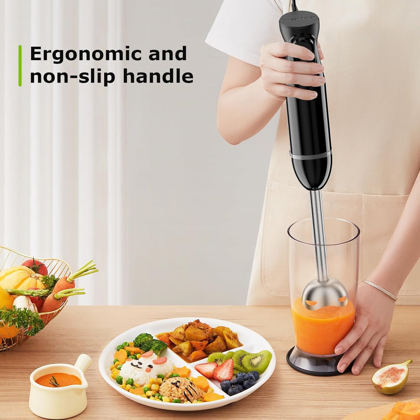 Bonsenkitchen Hand Blender, Immersion Blender with 2 Mixing Speed, Electric Handheld Mixer Portable Stick Mixer with Stainless Steel Blades for Soup, Smoothie, Puree, Baby Food