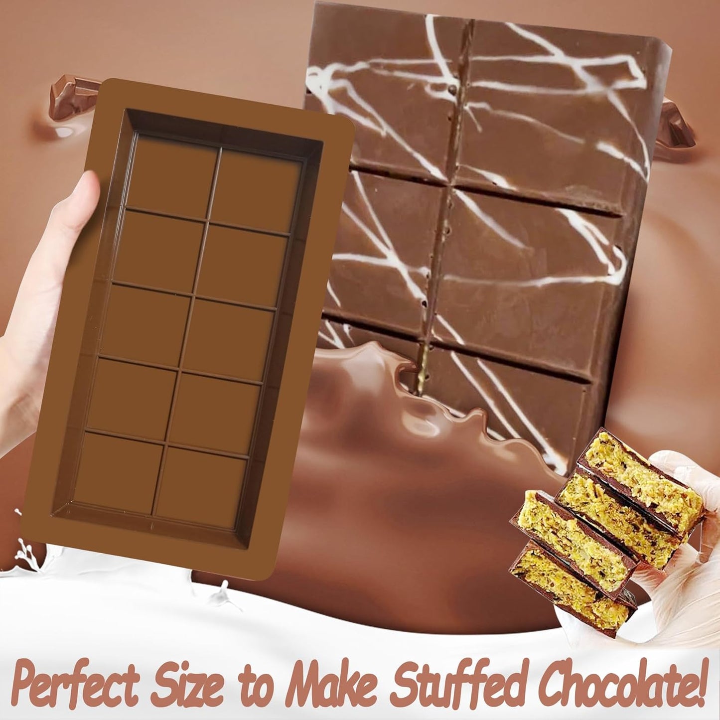 2-Pack 1 Inch Deep Large Silicone Chocolate Bar Molds with Scraper - Extra Deep & Thick Pistachio Chocolate Bar Molds for Stuffed Chocolate Bars and DIY Dubai Knafeh Chocolate Bar