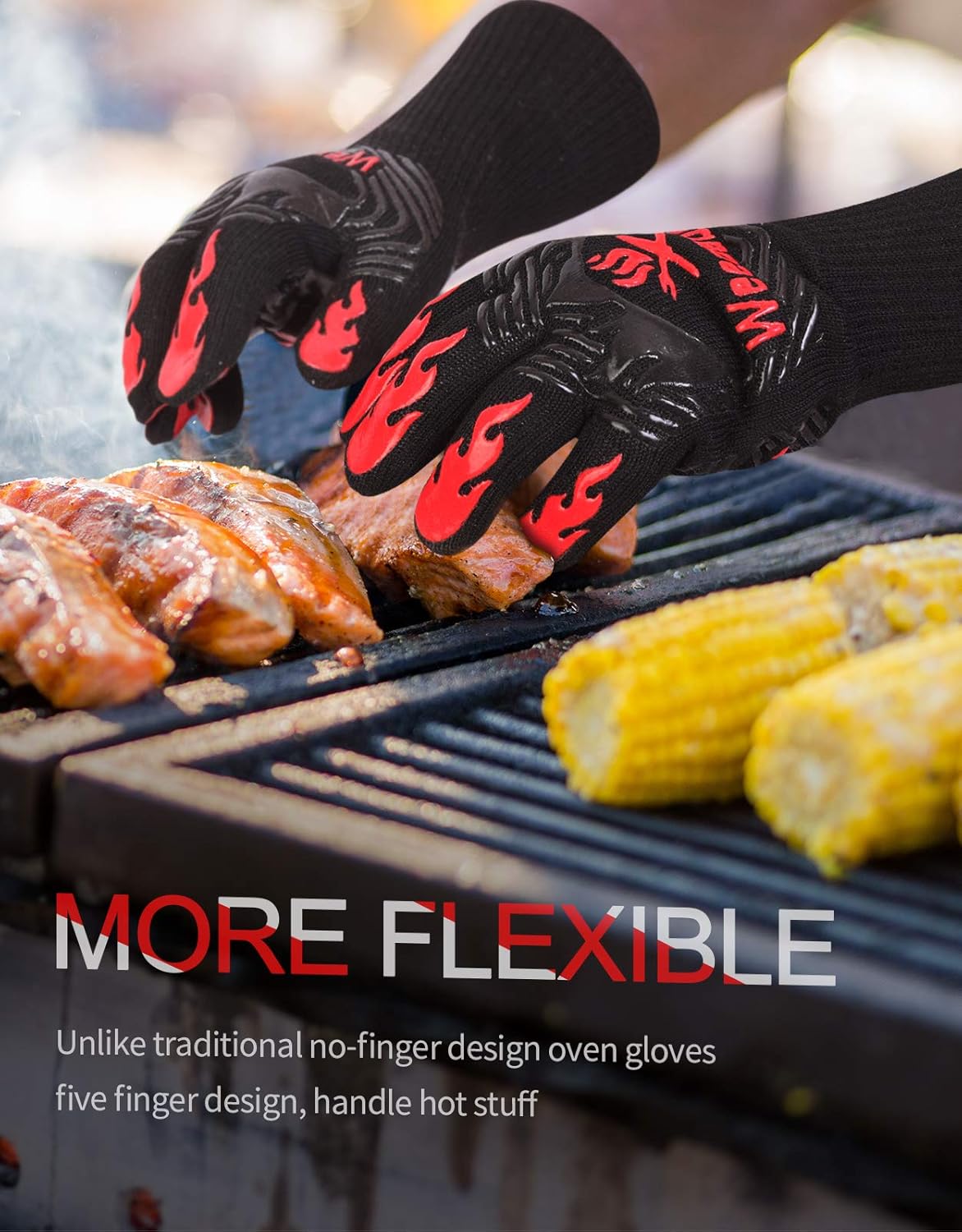 WEEDABEST Hot BBQ Gloves Heat Resistant Kitchen Oven Mitts Professional Long Heat Resistant Cooking Gloves for Grill,Grilling,Smoker,Barbeque,13.5 inch-Gray