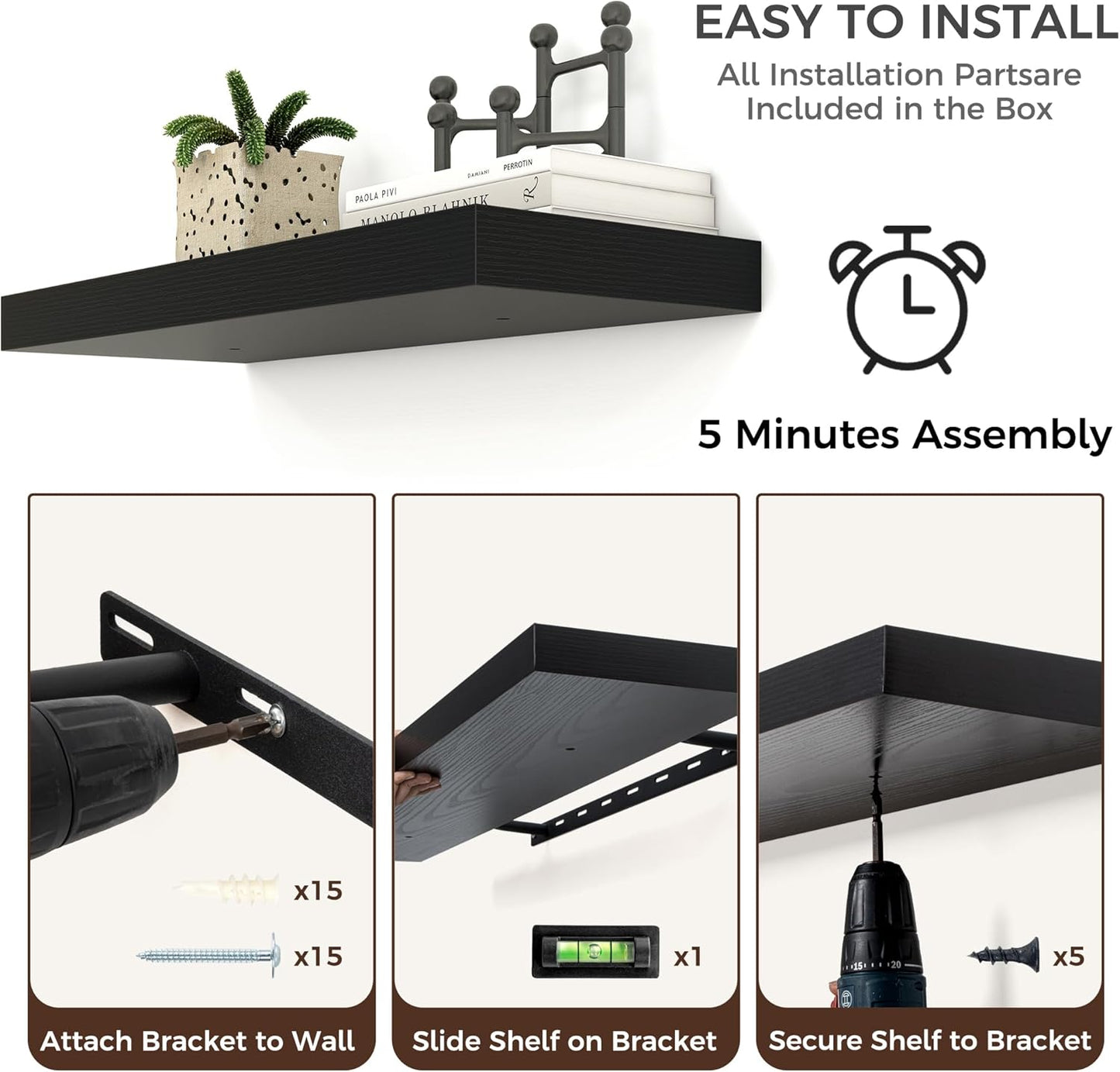 Floating Shelves - 2 Large Wall Mounted Shelves with Invisible Brackets, Long Wood Floating Wall Shelf for Living Room, Bedroom, Kitchen (Black, 24" W x 9" D x 1.5" H)