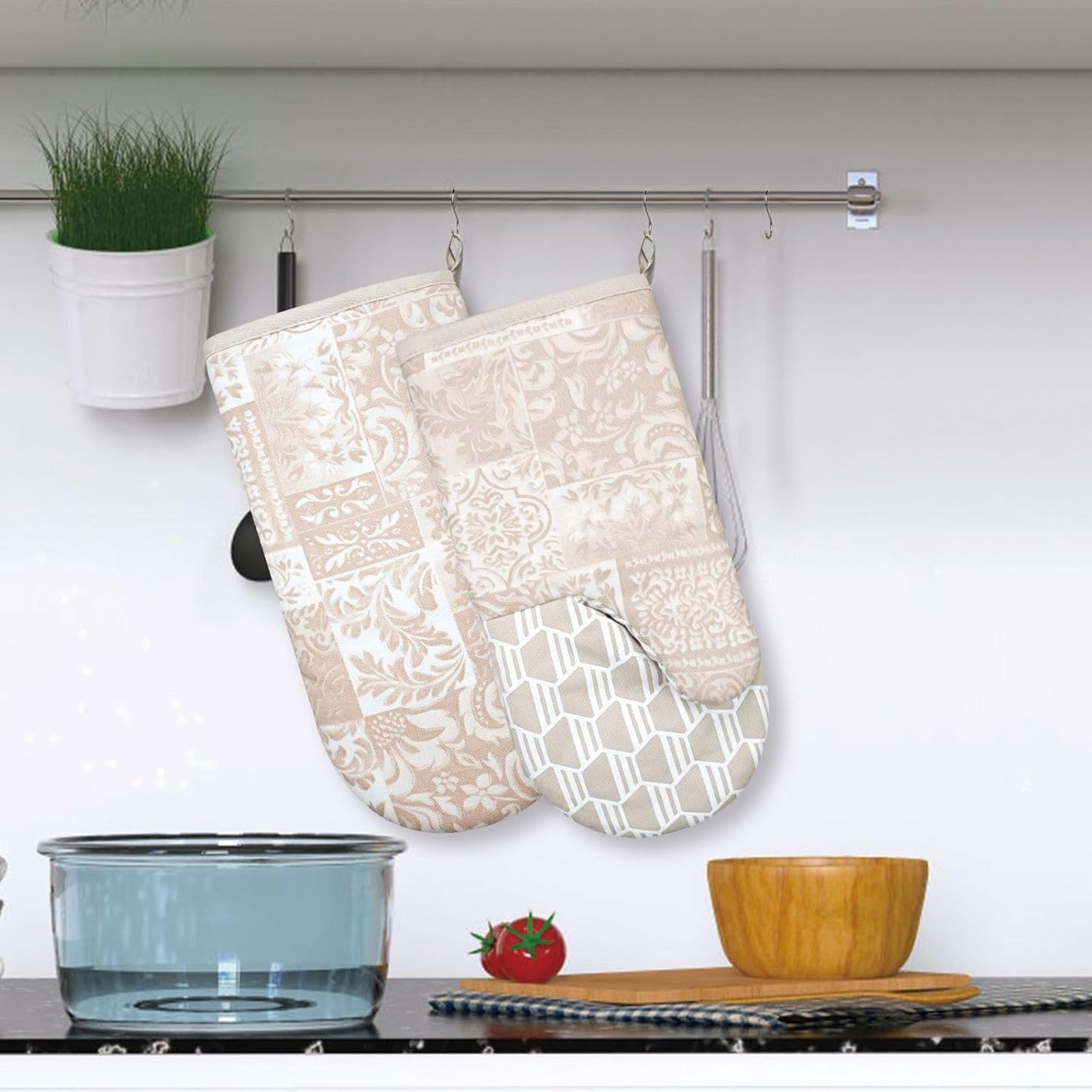 Thumb Oven Mitts, Heat and Slip Resistant Silicone Kitchen Mittens 2-Pack Set, Khaki Patchwork Flower Soft Long Oven Gloves, Flexible Thick Potholders for Safe Baking Cooking and Grill(Khaki)