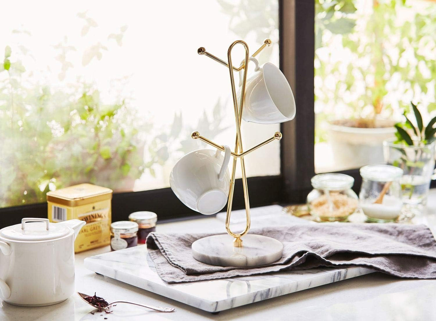 JEmarble Mug Holders with Copper Plated Standing(Black) Countertop Mug Tree, Coffee Mugs & Tea Cup Storage Rack, Coffee Counter Bar Accessory & Kitchen Organizer