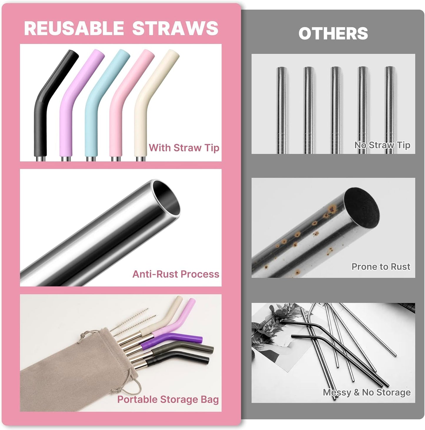 Metal Straws Reusable for YETI 30 oz Tumbler,9.5 "Stainless Steel Drinking Straws with Silicone Tip for 30 oz Cup Tumbler, Cleaning Brush, 1 Portable Bag