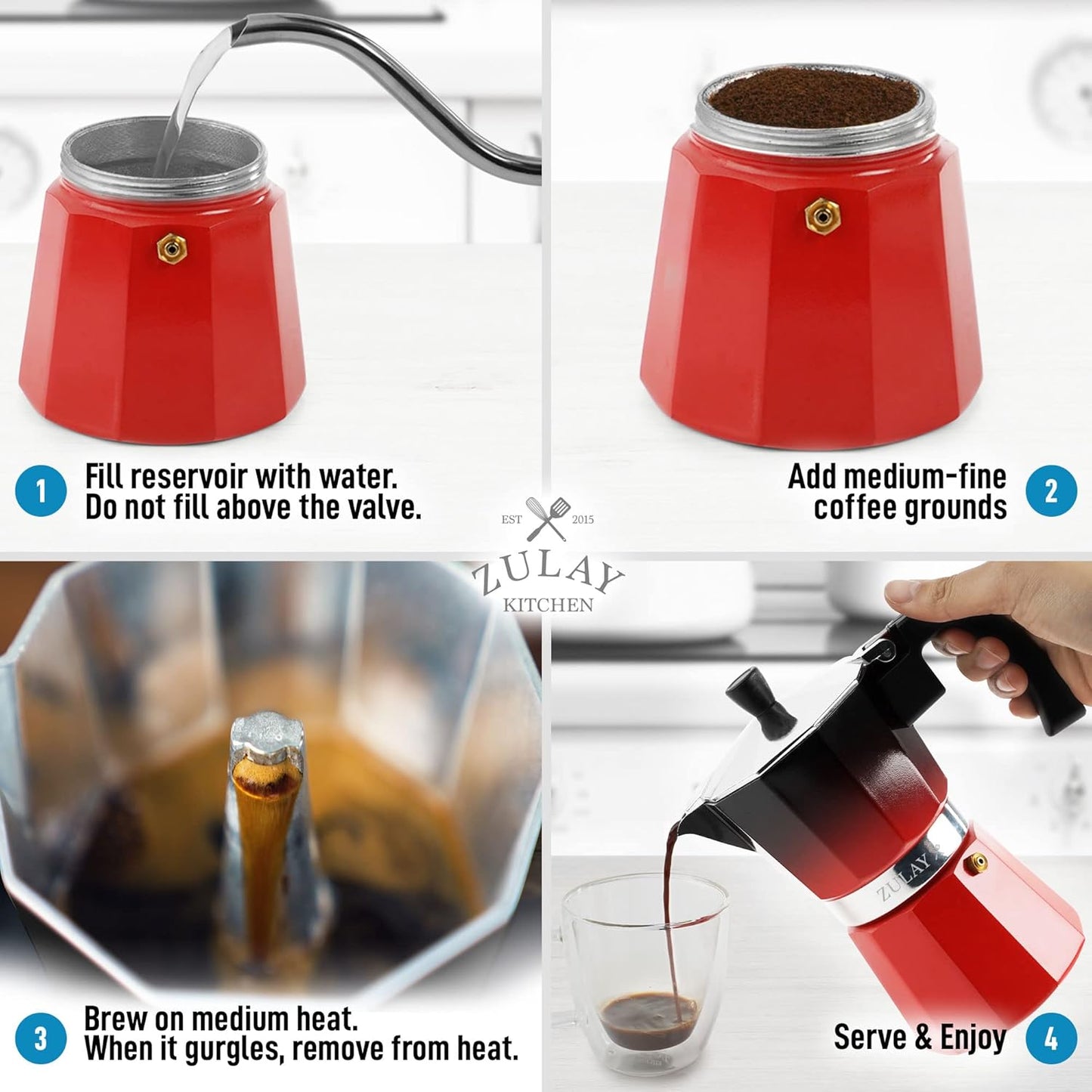 Zulay Kitchen Stovetop Espresso Maker - Moka Pot 5.5 Espresso Cups - Percolator Coffee Maker for Classic Cuban & Italian Style Espresso - Portable Coffee Maker for Camping & Travel - (Black/Red)