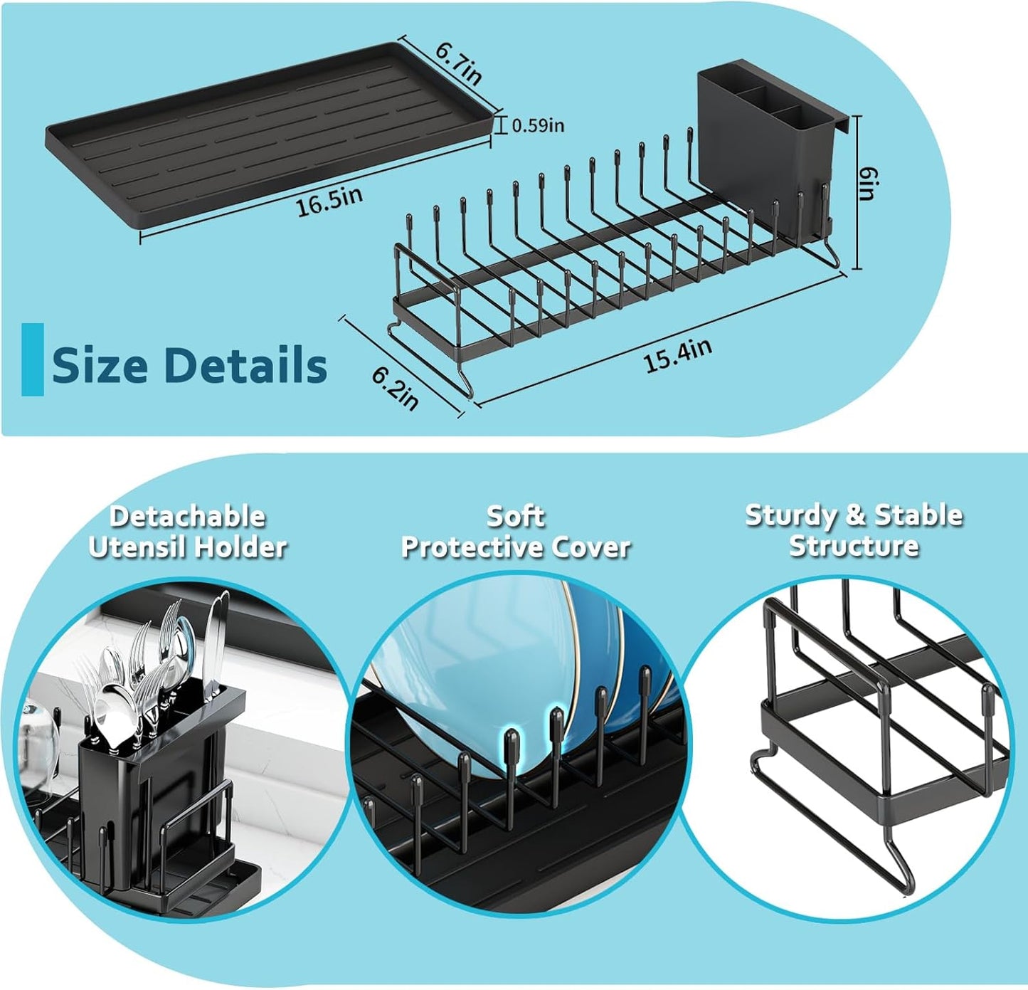 ANTOPY Small Dish Drying Rack - Compact Dish Rack for Kitchen Counter with Silicone Dish Drying Mat, Stainless Steel Dish Drainer for Kitchen Sink Cabinet, Space Saving Plate Rack Cutlery Holder