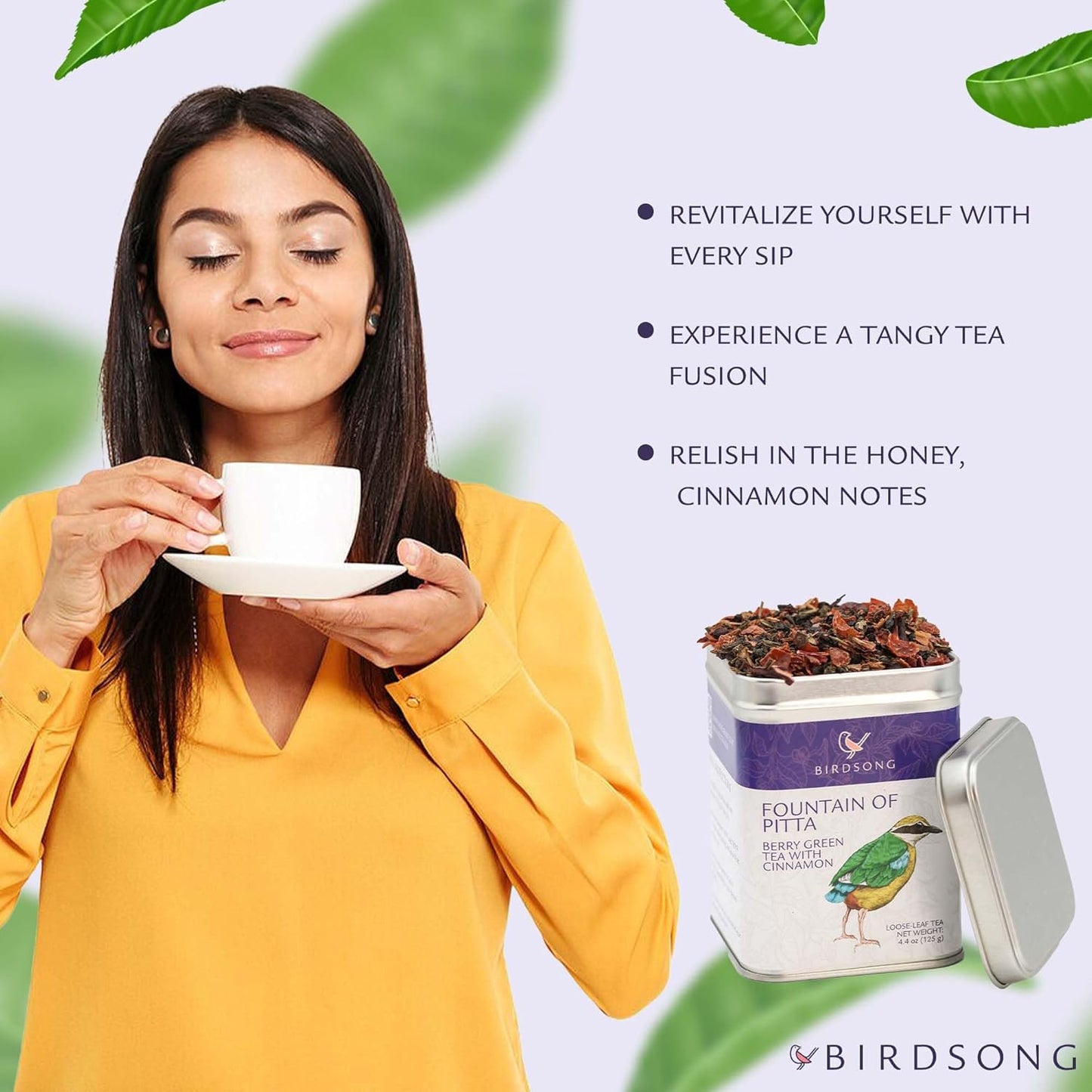 Birdsong Fountain of Pitta: Organic Green Tea Bags with Berries, Rooibos, and Cinnamon | Light, Refreshing and 100% Natural Tea with Health Benefits | 18 Pyramid Tea Sachets