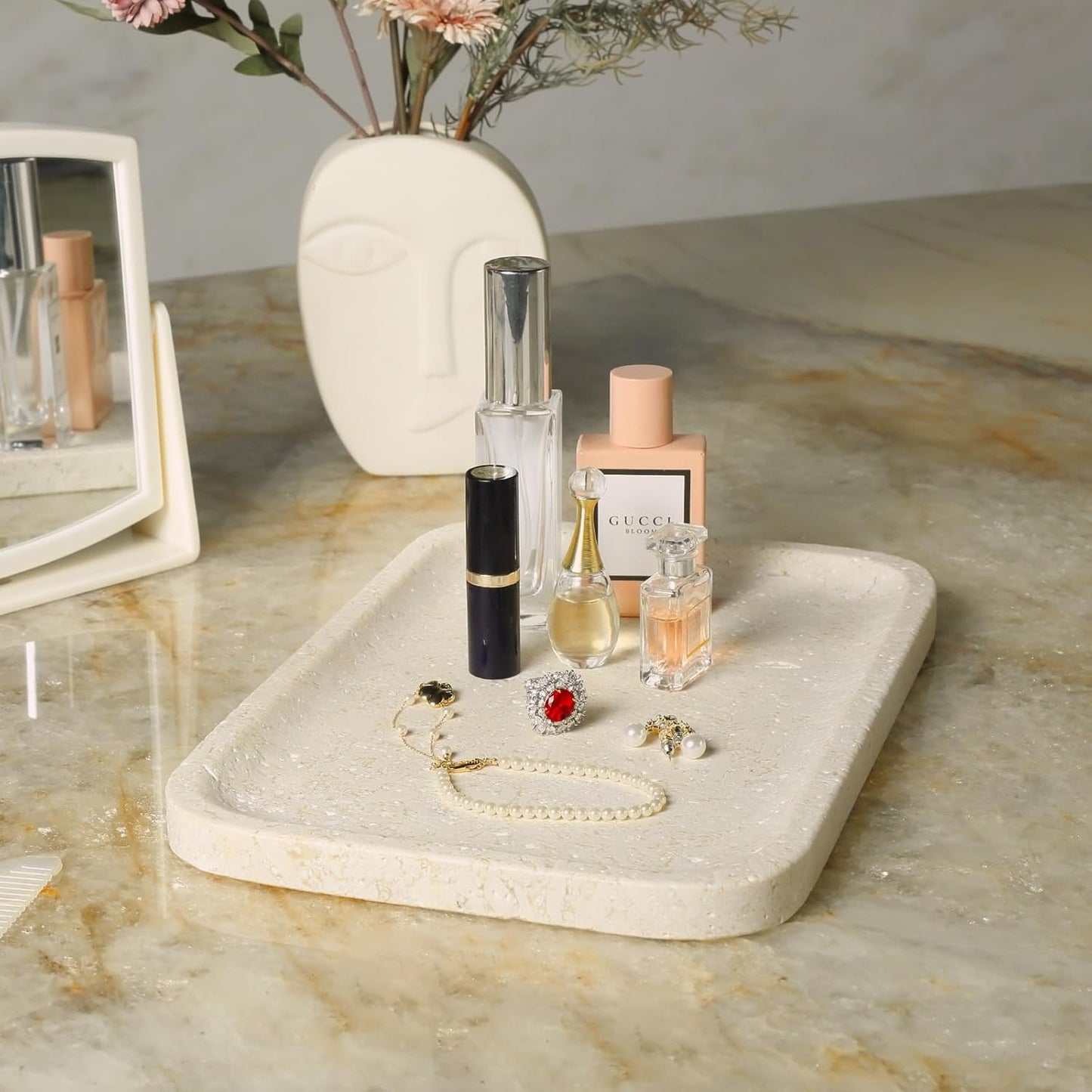 Koville Marble Tray, 12"x8" Marble Vanity Tray for Bathroom Kitchen Countertop, Rectangular Stone Tray for Cosmetics Perfume Trinket, Decorative Catchall Trays (12"x8"-Brown)