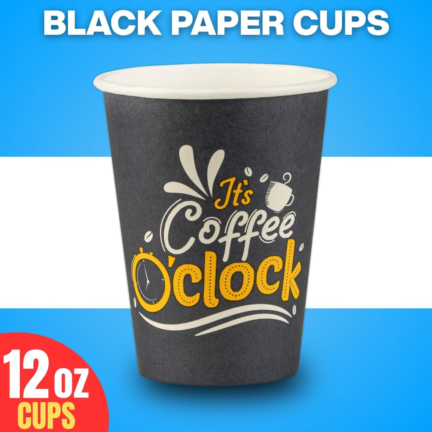 Smygoods Disposable Coffee Cups, To Go Paper Hot Cups, Coffee O'Clock Design (12 OZ, 100 Count) For Hot Beverages, Coffee, Tea, Espresso, Cocoa - Vasos Para Cafe