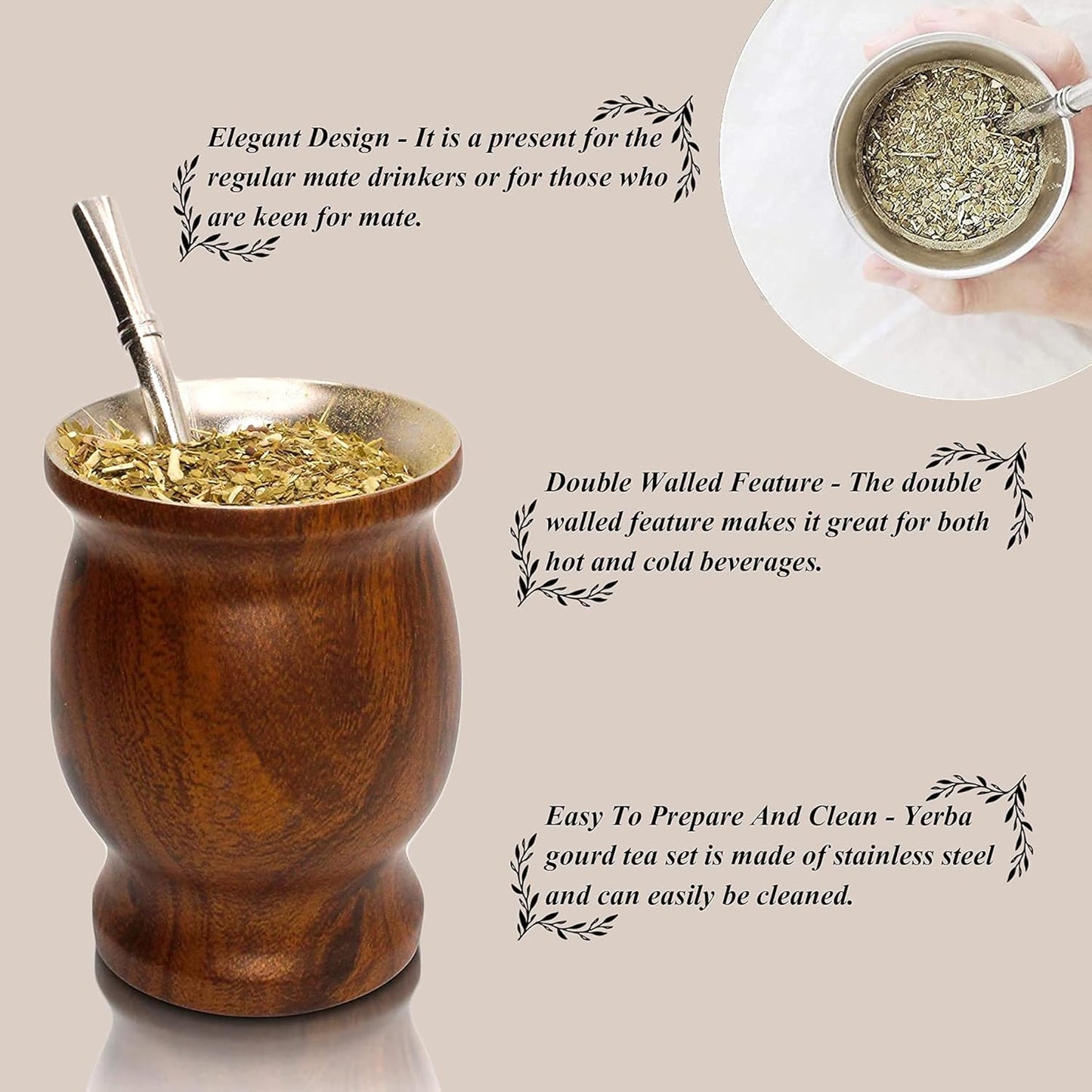 LA FEE Yerba Mate Natural Gourd/Tea Cup Set Brown (Original Traditional Mate Cup - 8 Ounces),Includes Yerba Mate Straw & Cleaning Brush,Stainless Steel | Double-Walled | Easy to Clean (Brown)