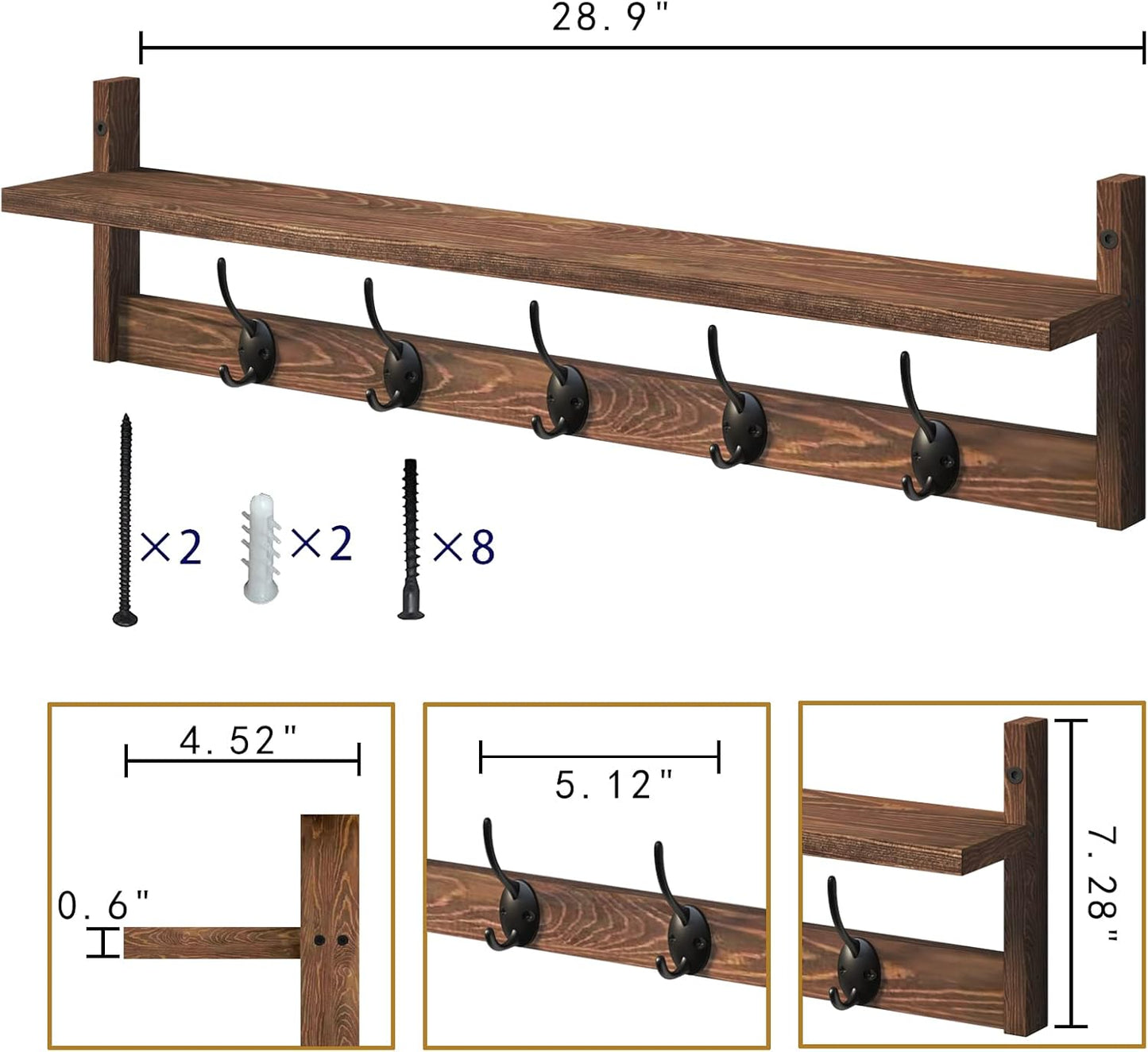 BAMEOS Wall Mounted Coat Rack with Adjustable Easy Install, Rust Proof, Brown Wooden Material, 28.9 Inch Length