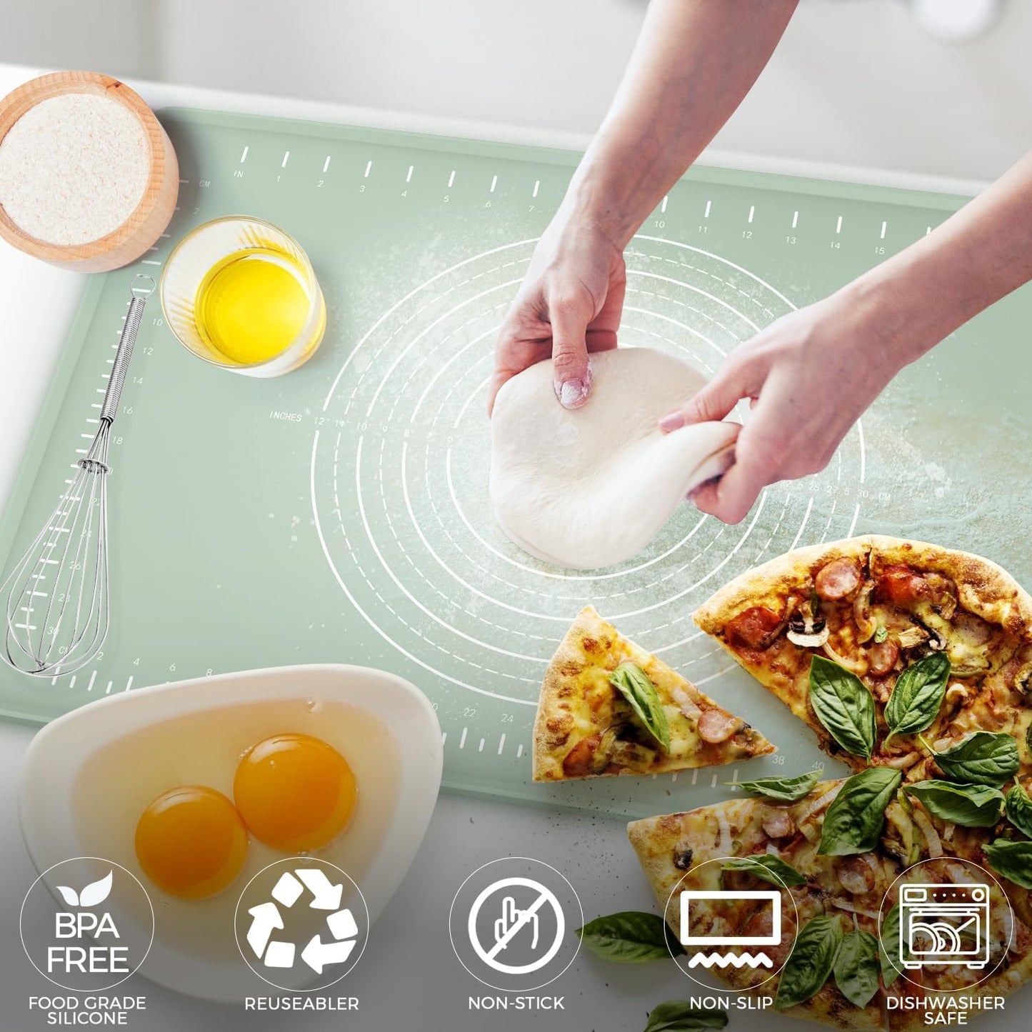 Silicone Baking Mat 32" x 24", Extra Thick Dough Rolling Mat with Measurements and Edge Heightening, Non-stick Food Grade Silicone Pastry Mat for for Pastry, Bread, Cookies, Pizza, Fondant, Pasta