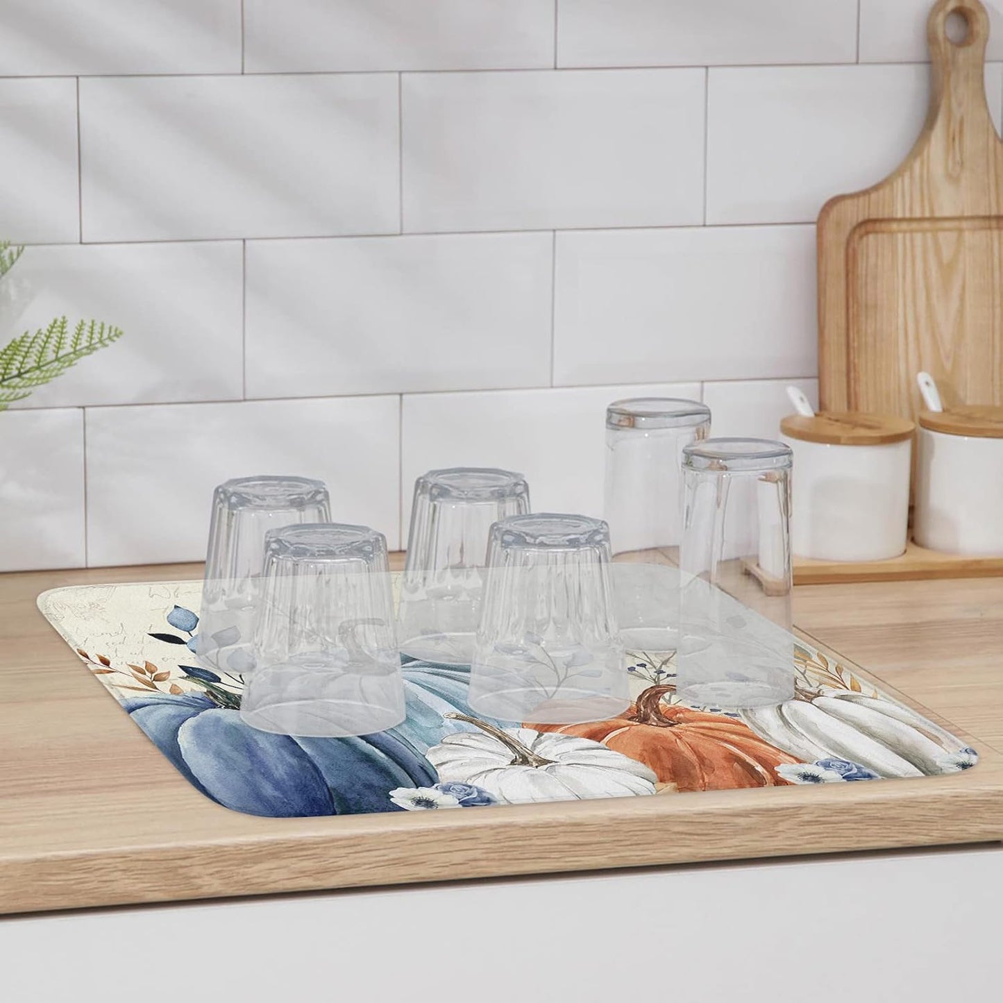 Fall Dish Drying Mat for Kitchen Counter Blue Pumpkin Drying Pad Absorbent Drying Mats for Countertops Sinks Draining Racks Floral Leaves Drainer Holiday Harvest Thanksgiving Decorations 16x18