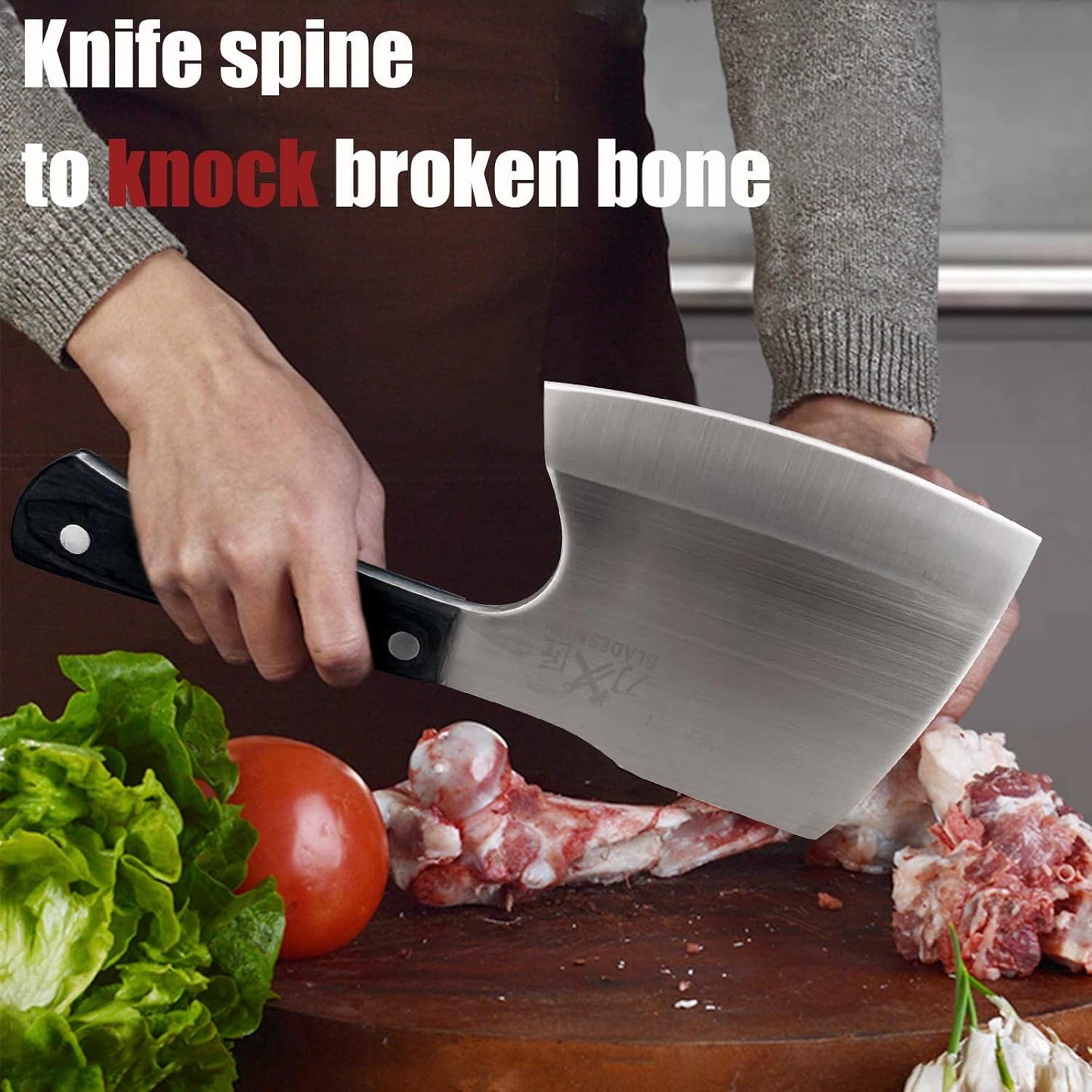 BLADESMITH Bone Cleaver Knife, Full Tang, Heavy Duty use, for Big Bones and frozen meat, Axe Blade Shape, 2lbs -7mm Thickness high Carbon Steel, Black wood Handle,2025 Gifts