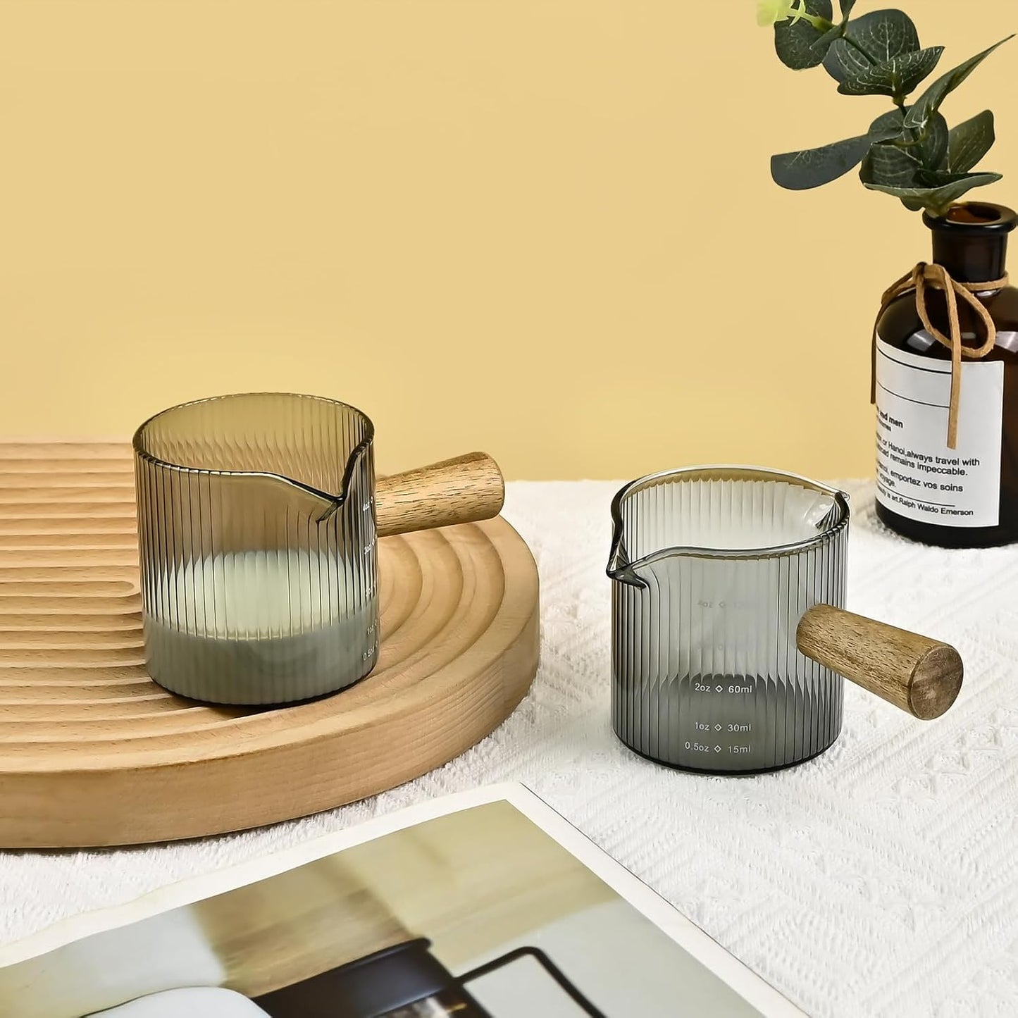 Glass Measuring Cup, 4oz Espresso Shot Glass with Wood Handle, Single Spout Measuring Triple Pitcher Milk Cup for Coffee Tea (Gray Ribbed)