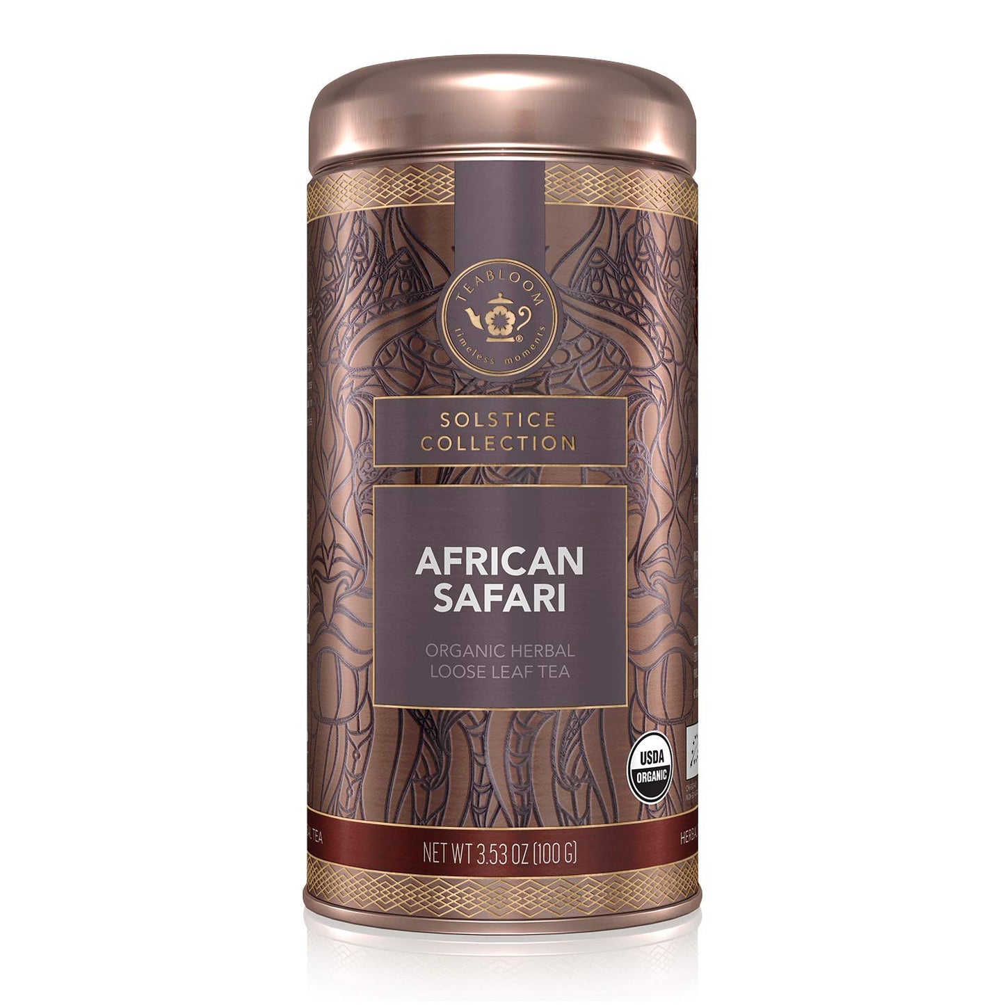 Teabloom Organic Herbal Tea, African Safari Loose Leaf Tea, Sweet Rooibos Blend with Berry Flavors and Vanilla, USDA Certified Organic, Fresh Whole Leaf Blend in Reusable Gift Canister, 3.53 oz/100 g Canister Makes 35-50 Cups