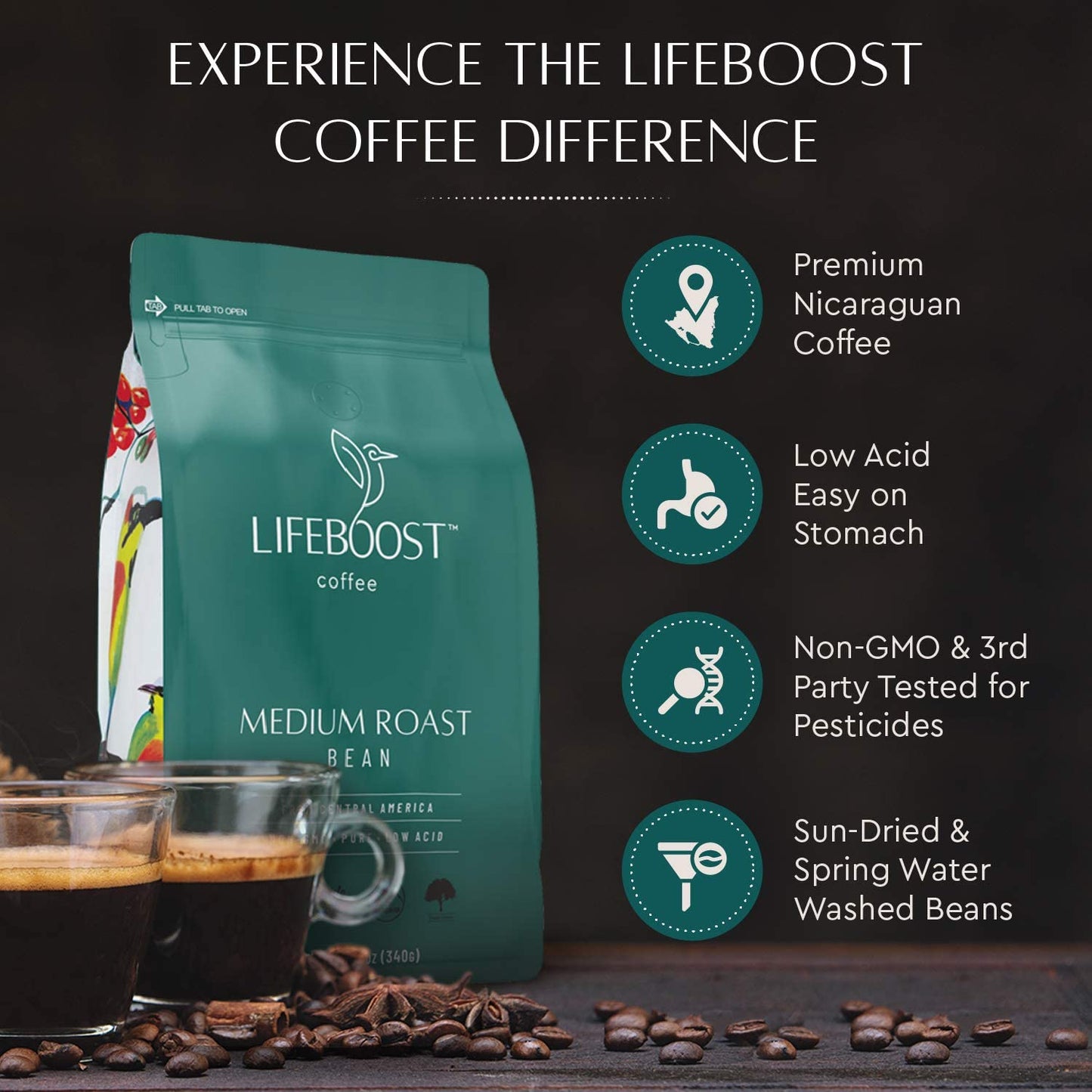 Lifeboost 3 Pack Medium Roast Whole Bean Coffee - Non-GMO Low Acid Single Origin USDA Organic Coffee - Third Party Tested For Mycotoxins & Pesticides - 12 Ounces
