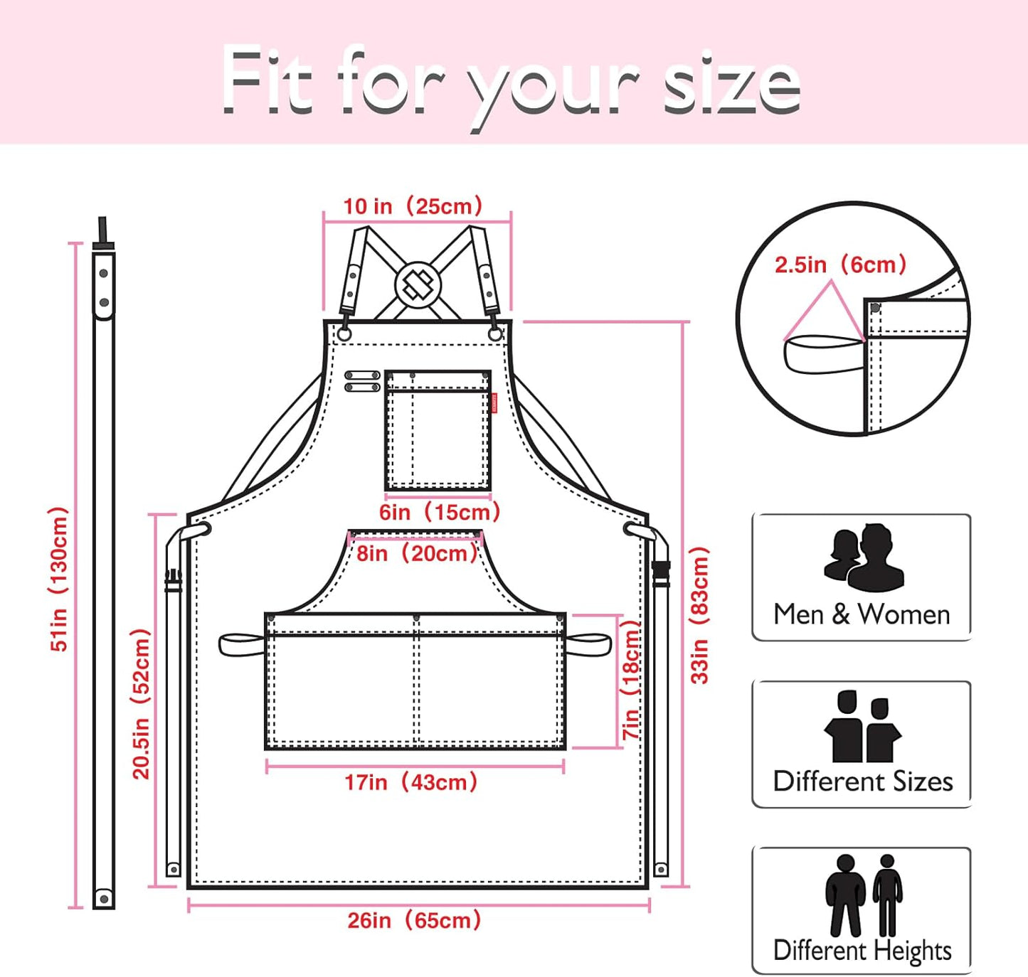 5 Pack Kitchen Apron, Work Apron, Canvas, Multiple Pockets, Gardening, Painting, BBQ, Artist, Carpenter, Sizes M to XXL, Pink