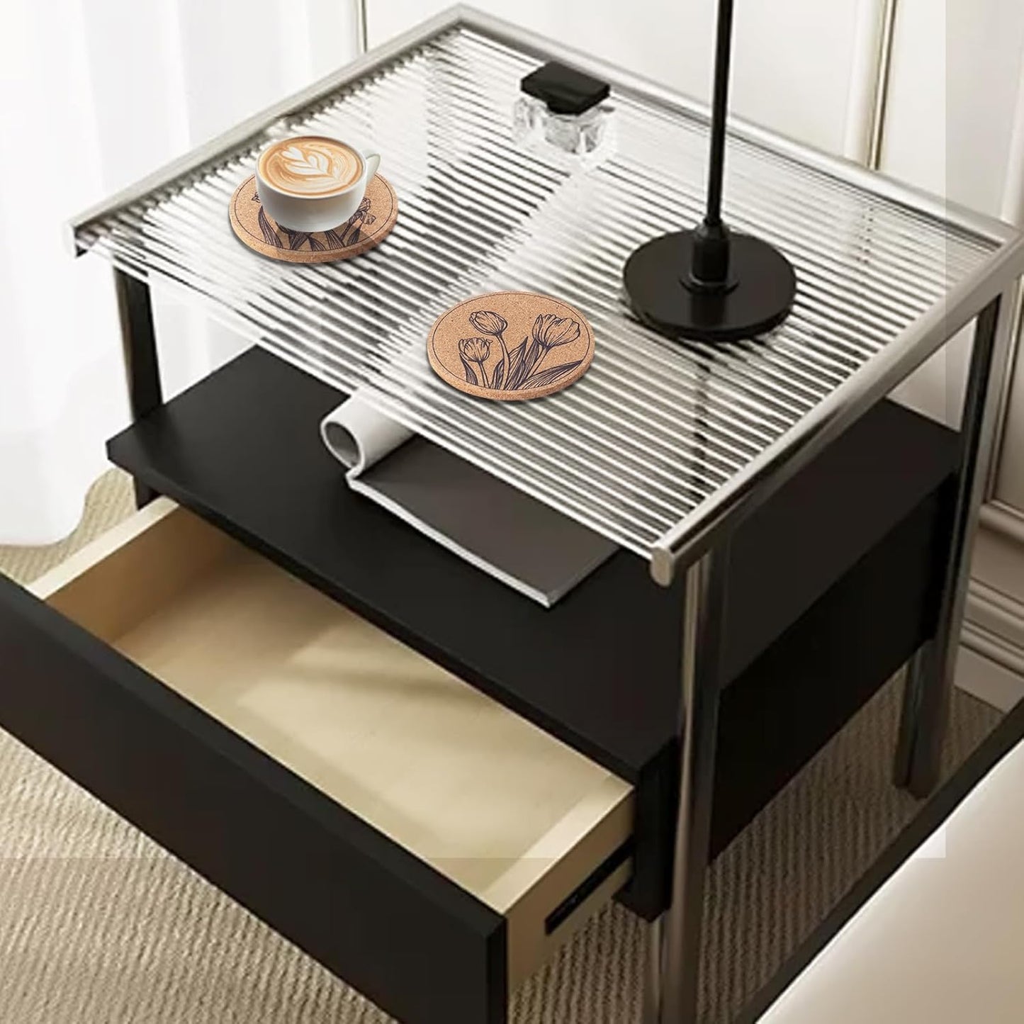 Coasters for Drinks 12 pcs Absorbent Cork Coasters with Flower Coaster for Coffee Table Housewarming Gifts for New Home Present for Friends, Living Room Decor, Apartment Decor