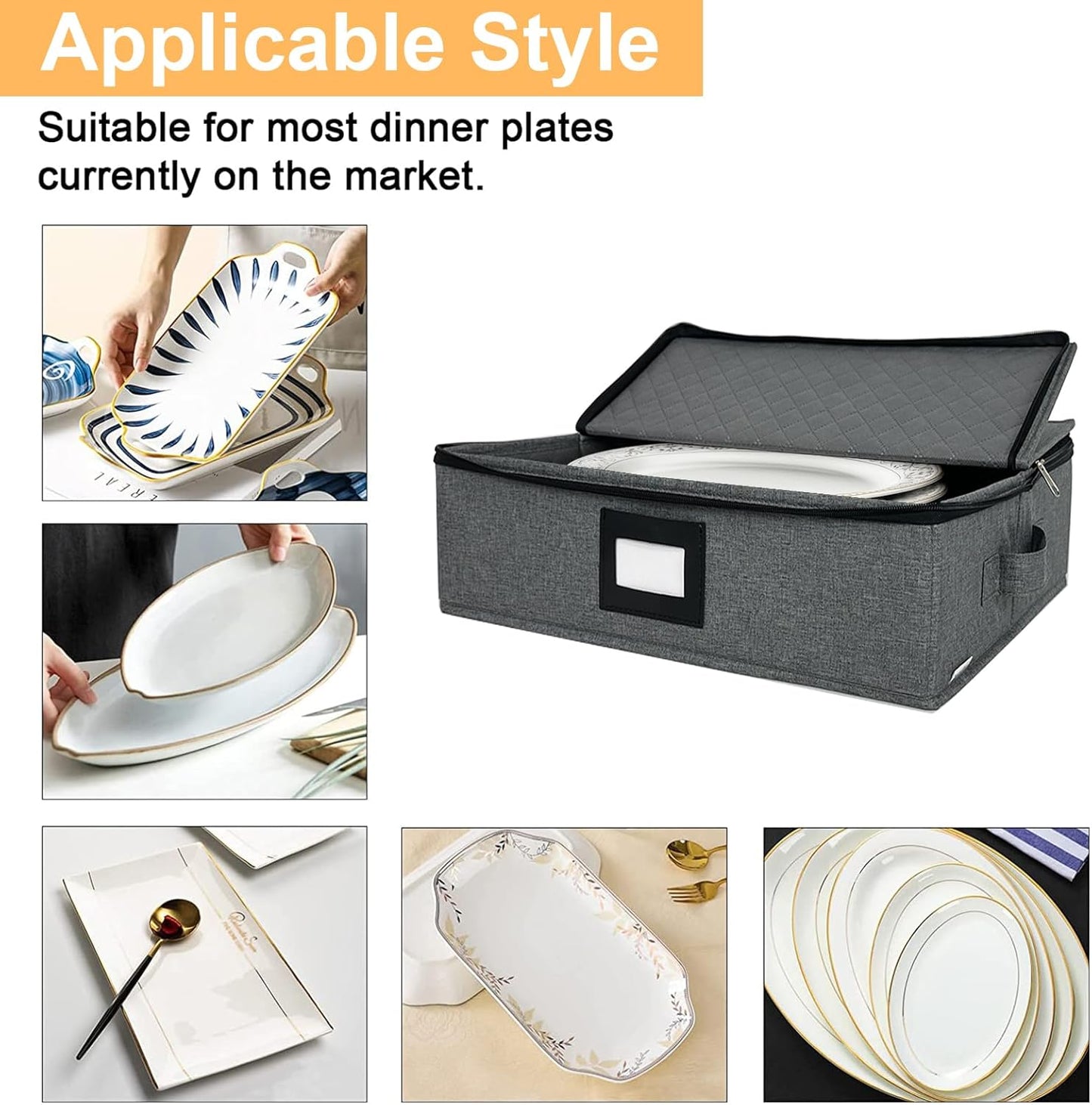 Platter Storage Case - Stackable China Storage Containers Hard Shell with Durable Zipper & Label & Sturdy Handles, 5.3â Height, Structured Top, 4 Felt Dividers Included (Dark Gray)