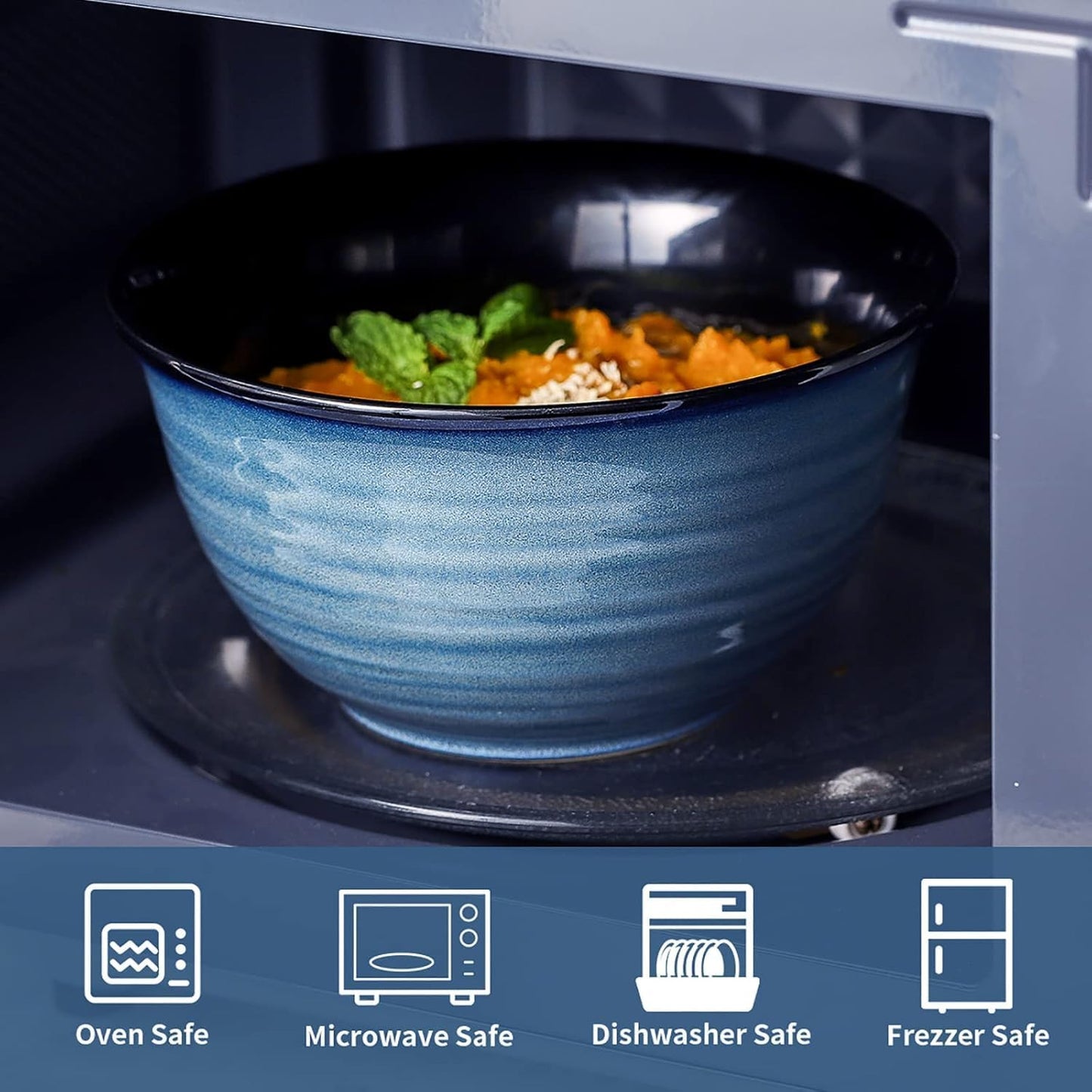 MEKY Soup Bowls Set of 4,40 OZ Large Ceramic Bowls - 7 Inch Deep Bowls for Ramen, Pho, Salad, Pasta, Cereal, Dishwasher & Microwave Safe Stackable Serving Bowls(Blue)