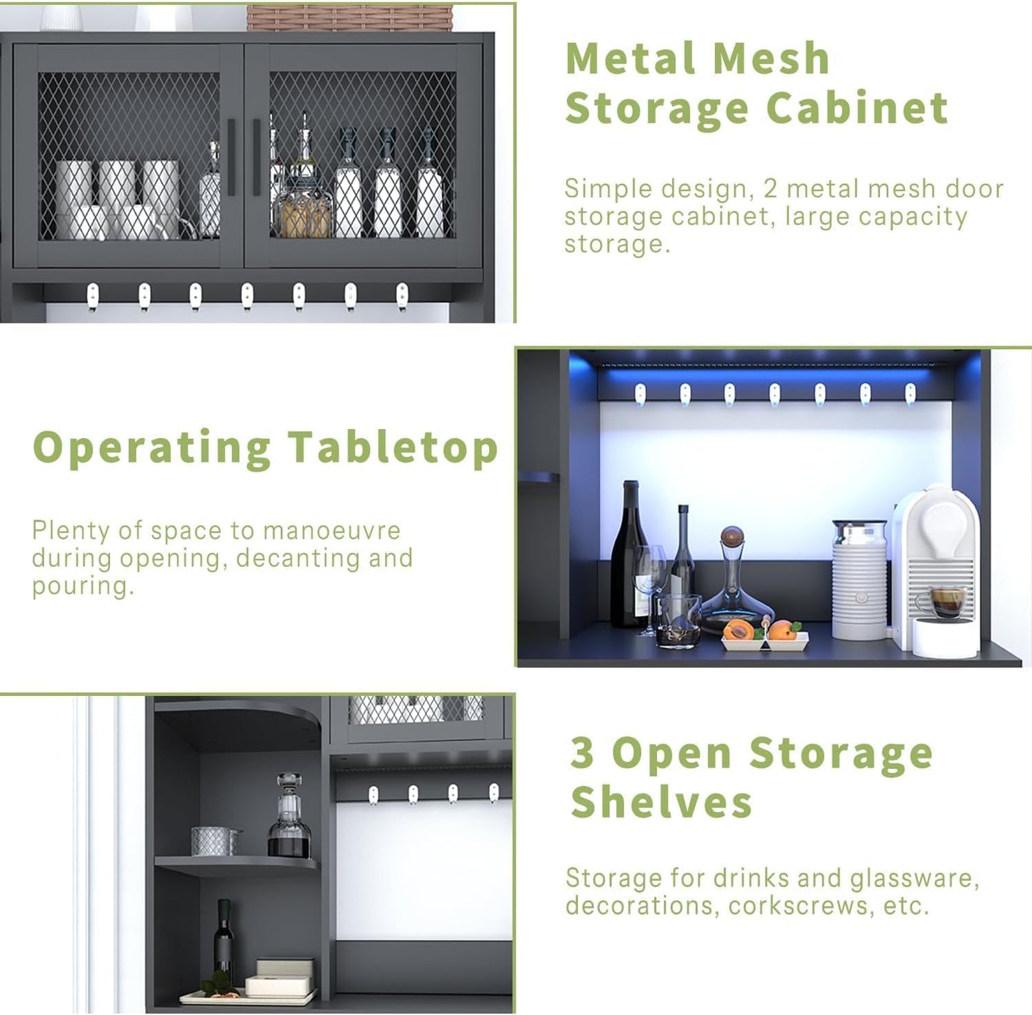 67.3" Tall Modern Black Kitchen Pantry Storage Cabinet with Drawer and Shelves, Tilt Out Trash Can, Coffee Bar Wine Cabinet with LED Lights and Power Outlet, Wine Glass Rack, 2 Mesh Doors