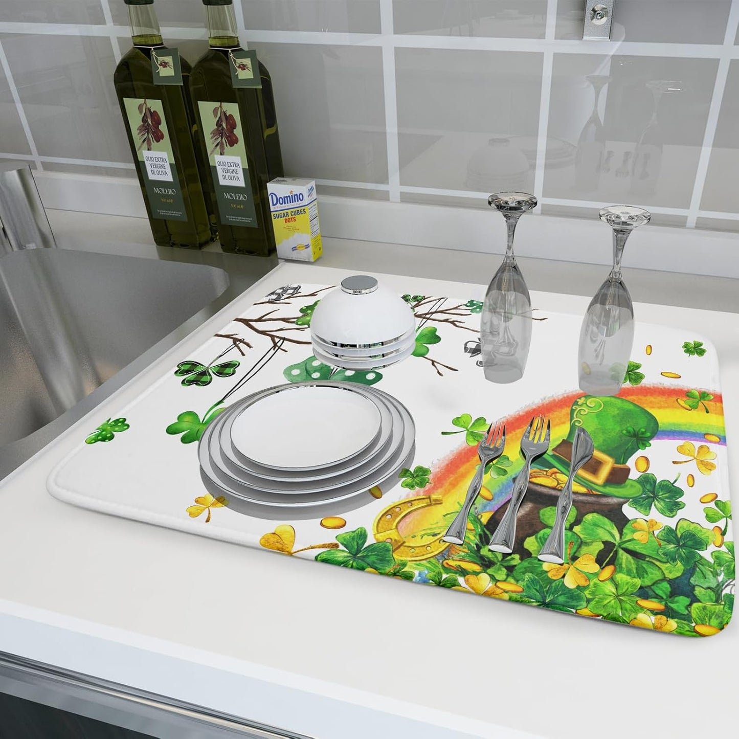 Giwawa St Patrick Dish Drying Mat Large Lucky Clover Tree Shamrock Dish Drainer Mats 18x24inch Spring Elf Hat Rainbow Colorful Fast Drying Absorbent Dish Drying Pad for Kitchen Counter Decor
