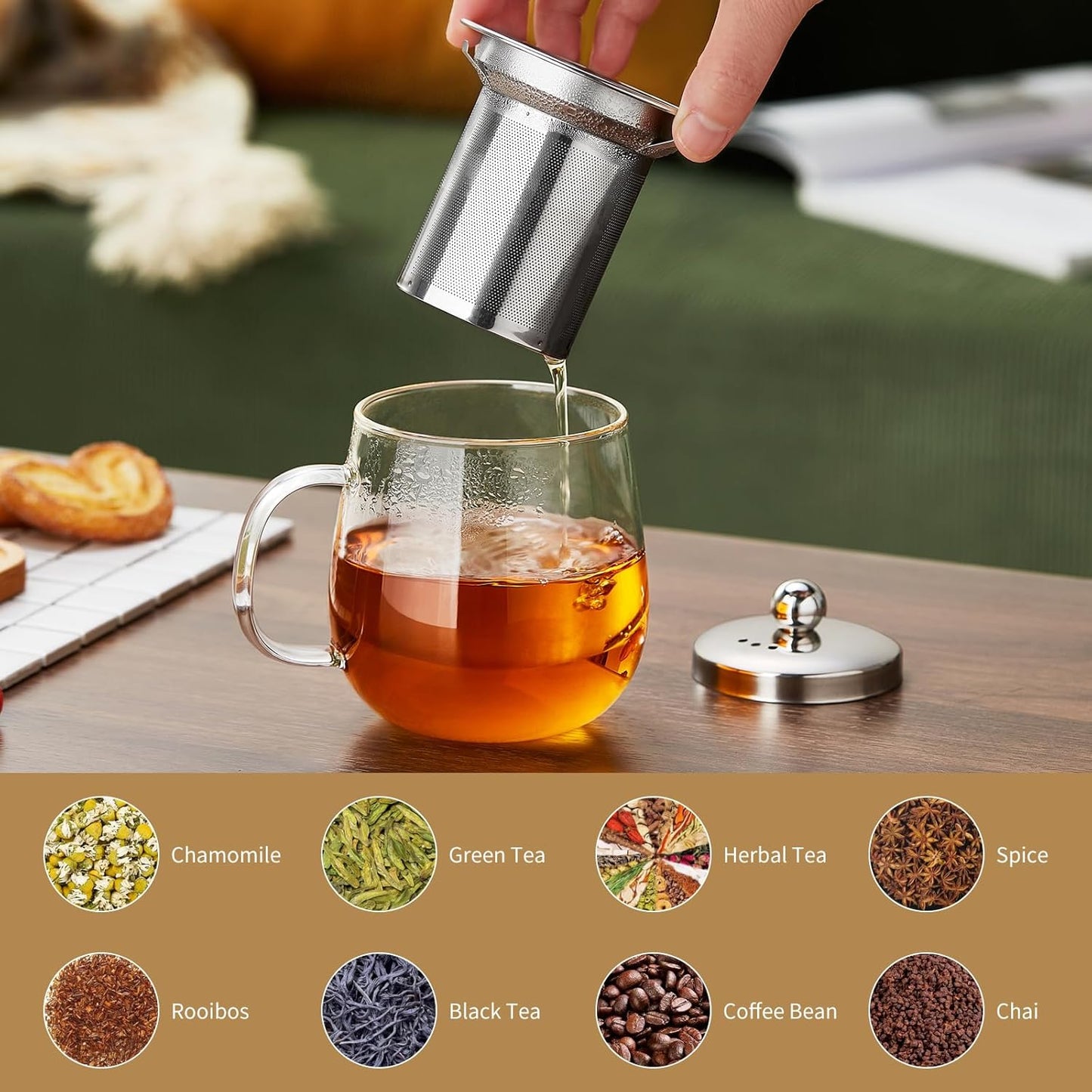 Glass Tea Cup with Infuser and Lid, 17.6oz/520ml Large Borosilicate Glass Teacup with Stailess Steel Filter, Clear Mug for Loose Leaf Blooming Tea, Dishwasher Safe - Tea Maker Gift