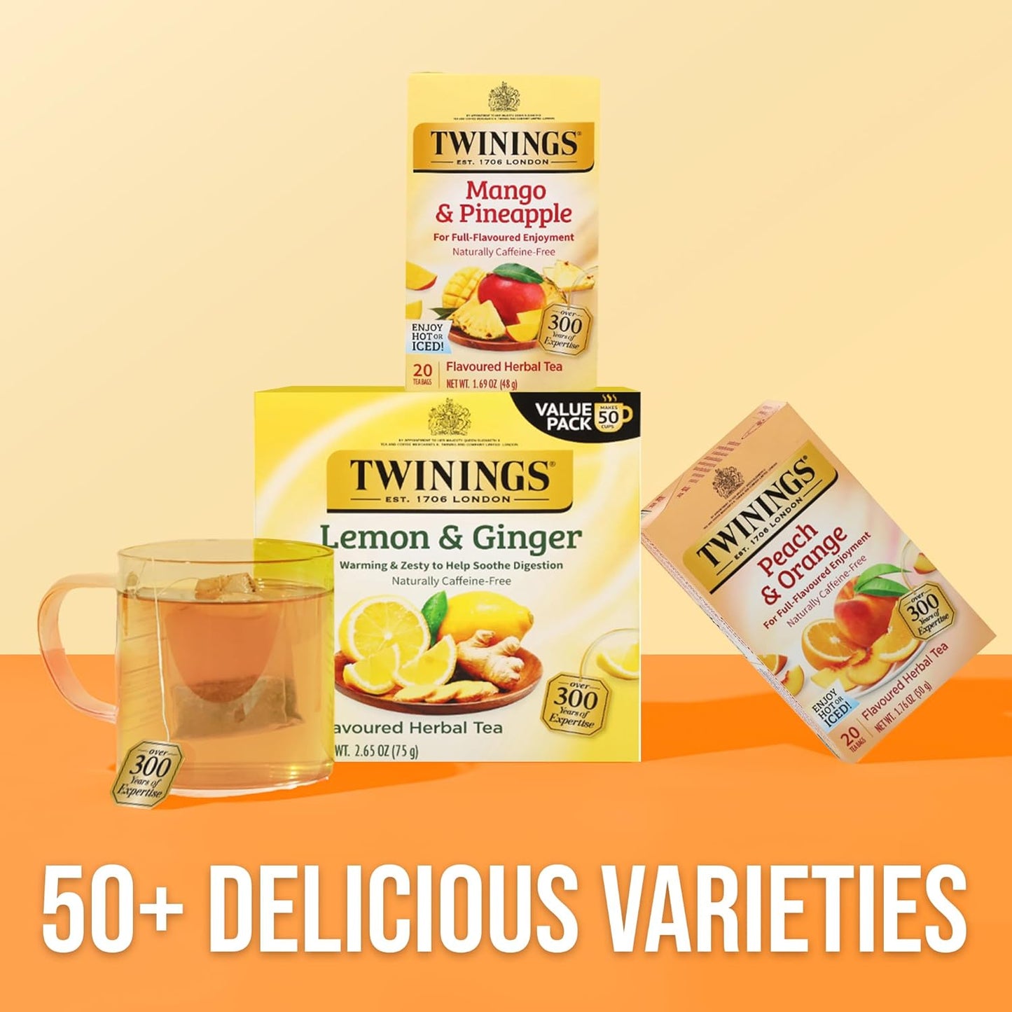 Twinings Mango & Pineapple Herbal Tea Individually Wrapped Bags, 20 Count (Pack of 1), Naturally Caffeine-Free, Enjoy Hot or Iced, 20 Teabags