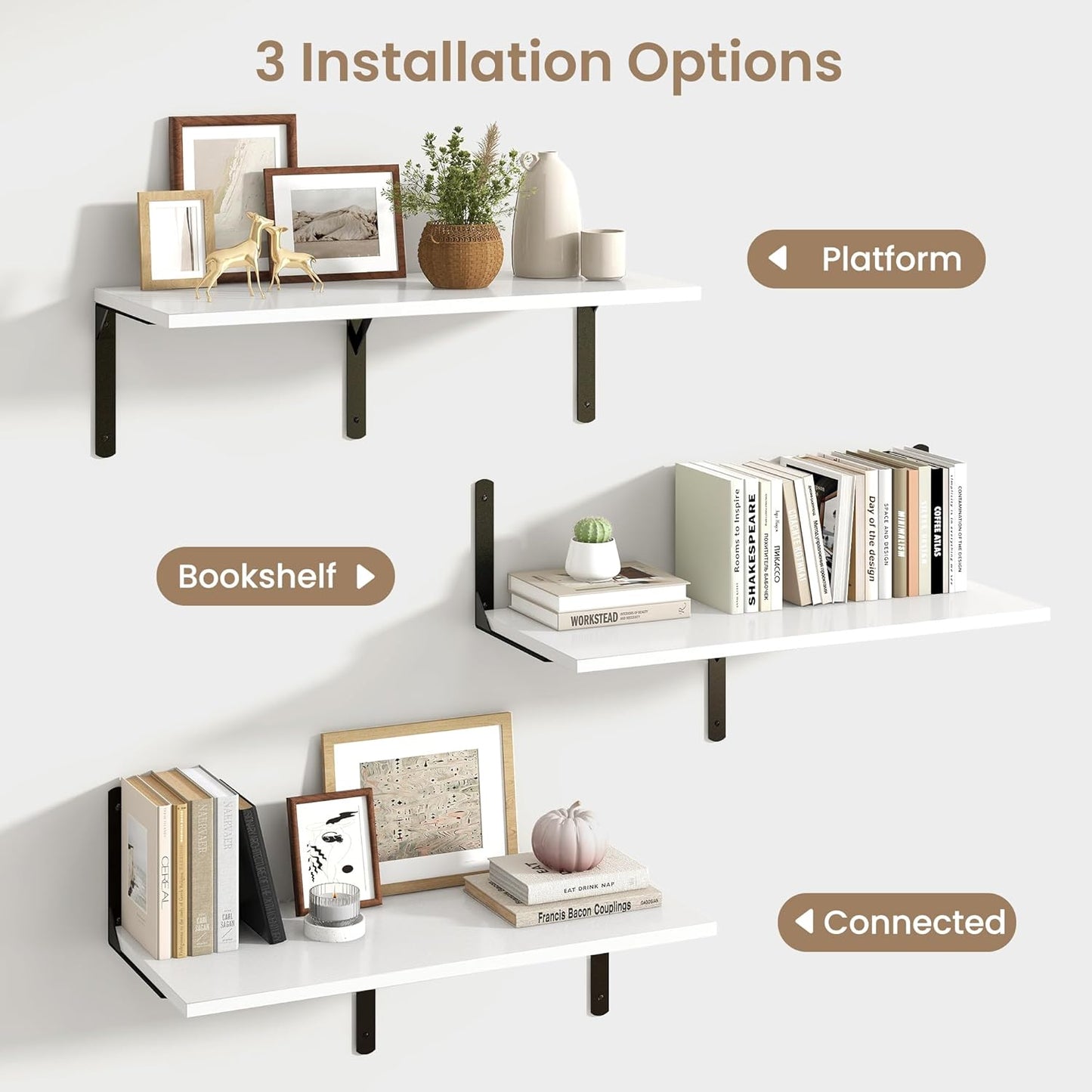 Fun Memories Floating Shelves for Wall, 12 Inch Deep Floating Shelves Set of 2, Wall Mounted Shelf with Metal Brackets, Rustic Wood Wide Shelf for Bathroom, Kitchen and Living Room, White, 32W x 12D