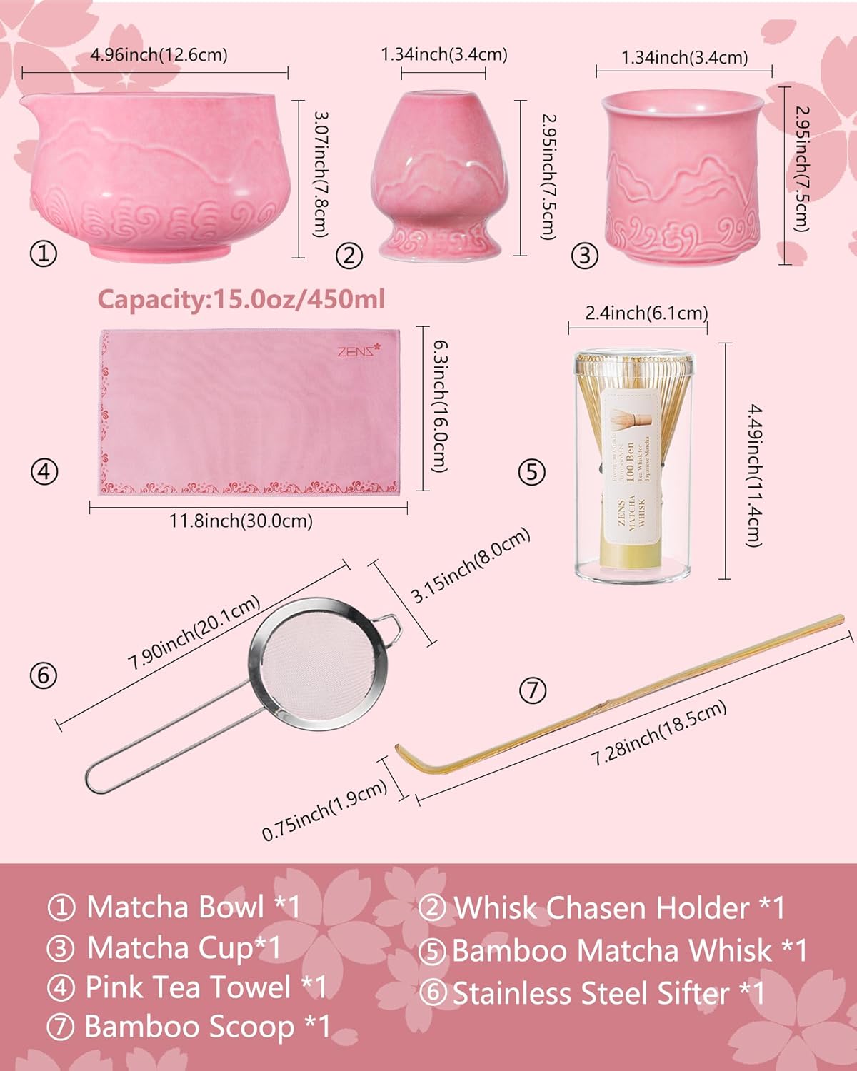 ZENS Pink Matcha Set, Matcha Whisk Set Includes 15oz Ceramic Bowl and Matcha Cup for Bamboo Whisk, (Chasen Holder), Scoop, Sifter and Tea Towel, 7pcs Matcha Kit for Matcha Lovers