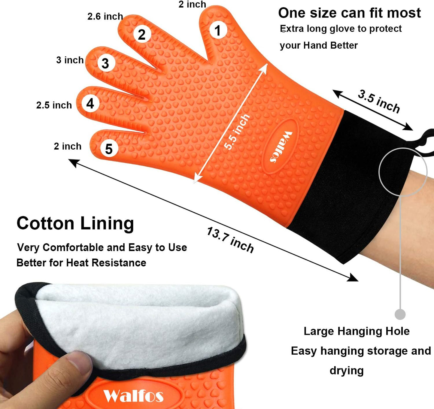 Walfos Silicone BBQ Gloves - Heat Resistant Grilling Gloves, Premium Non-Slip Kitchen Oven Mitt with Protective Cotton Layer Inside, Waterproof, Great for Grilling, Kitchen and Cooking, Orange