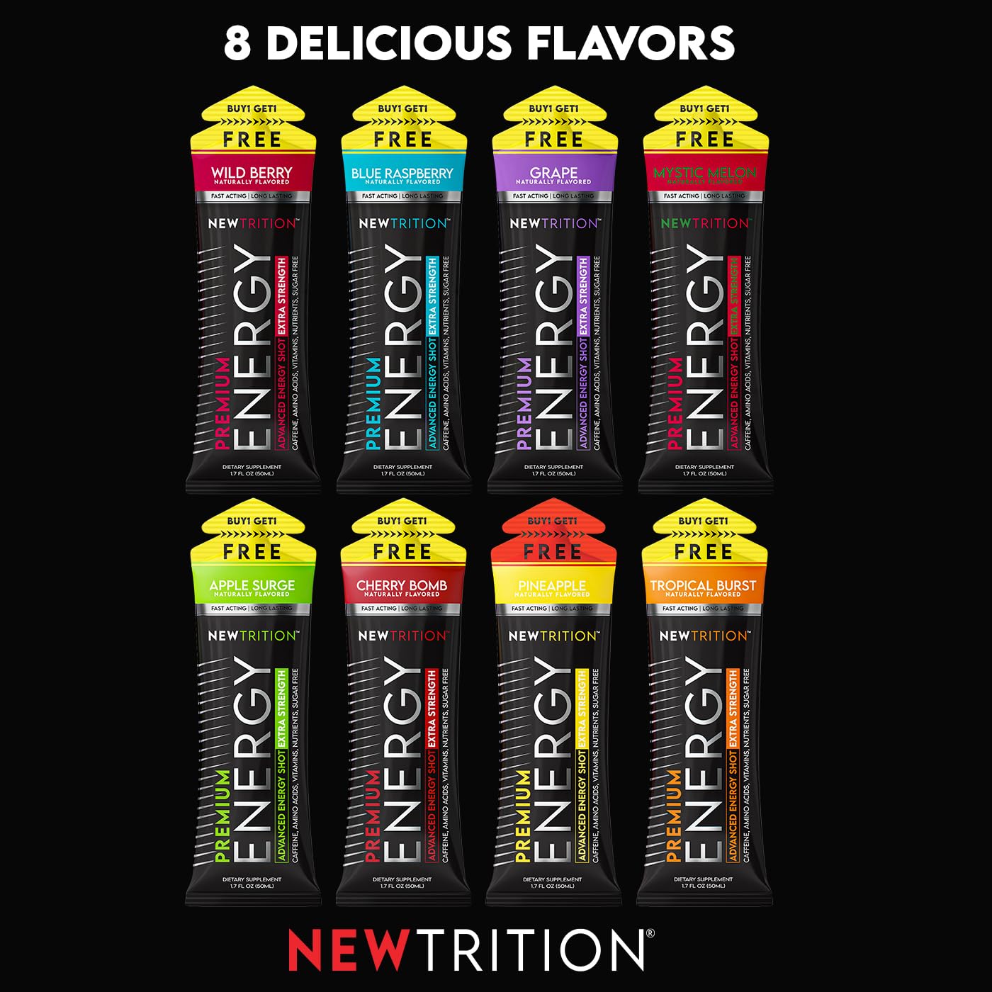 NewTrition® Extra Strength Energy Shots, 250mg Caffeine Energy Shots with Vitamin B & Amino Acids, Sugar-Free Vitamin Energy Shot, 1.7 fl oz (Pack of 12, Cherry Bomb)