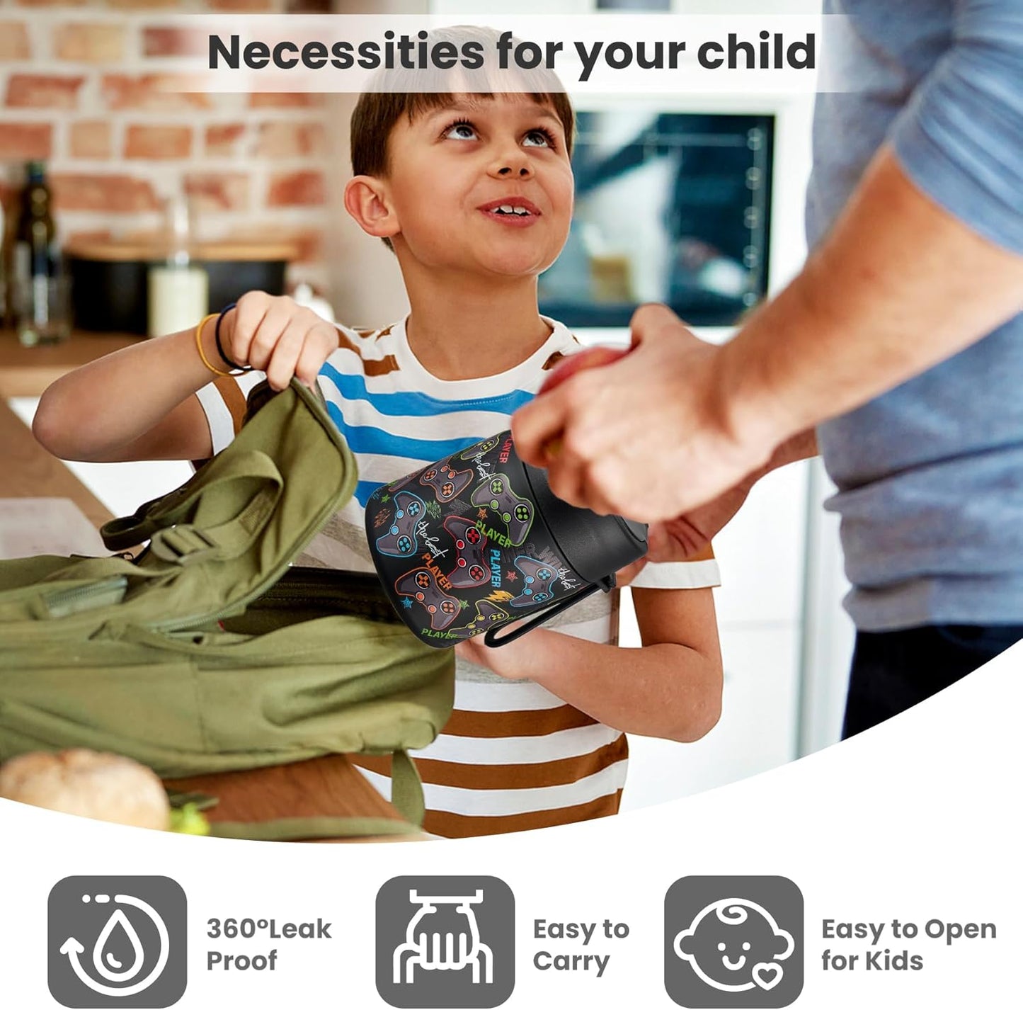 17oz Soup Thermo for Hot Food Kids,Insulated Food Jar with Spoon,Thermo Hot Food Lunch Container,Wide Mouth Leakproof Stainless Steel Lunch Box for School-Black Game