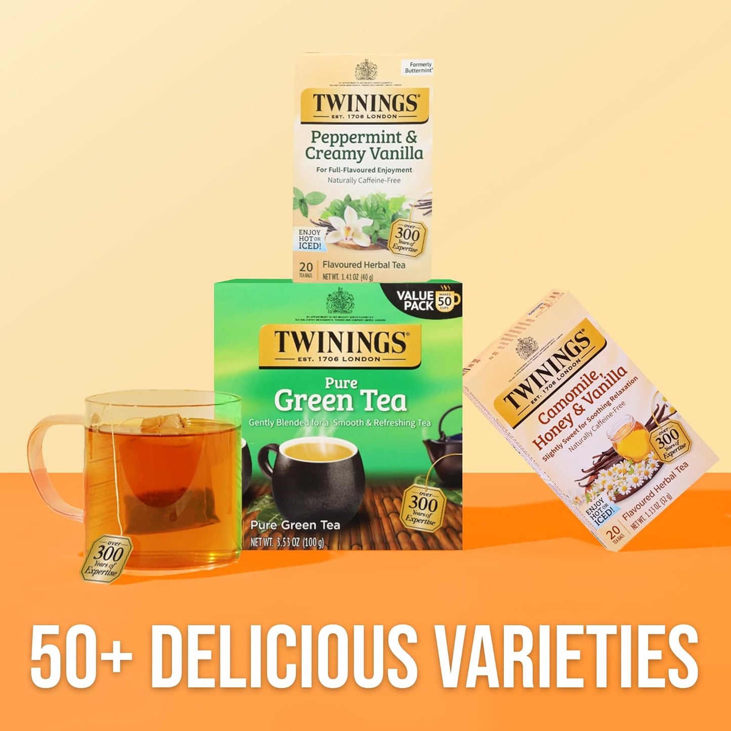 Twinings Peppermint & Creamy Vanilla Herbal Tea Individually Wrapped Bags, 20 Count (Pack of 1), Formerly Buttermint, Naturally Caffeine-Free, Enjoy Hot or Iced