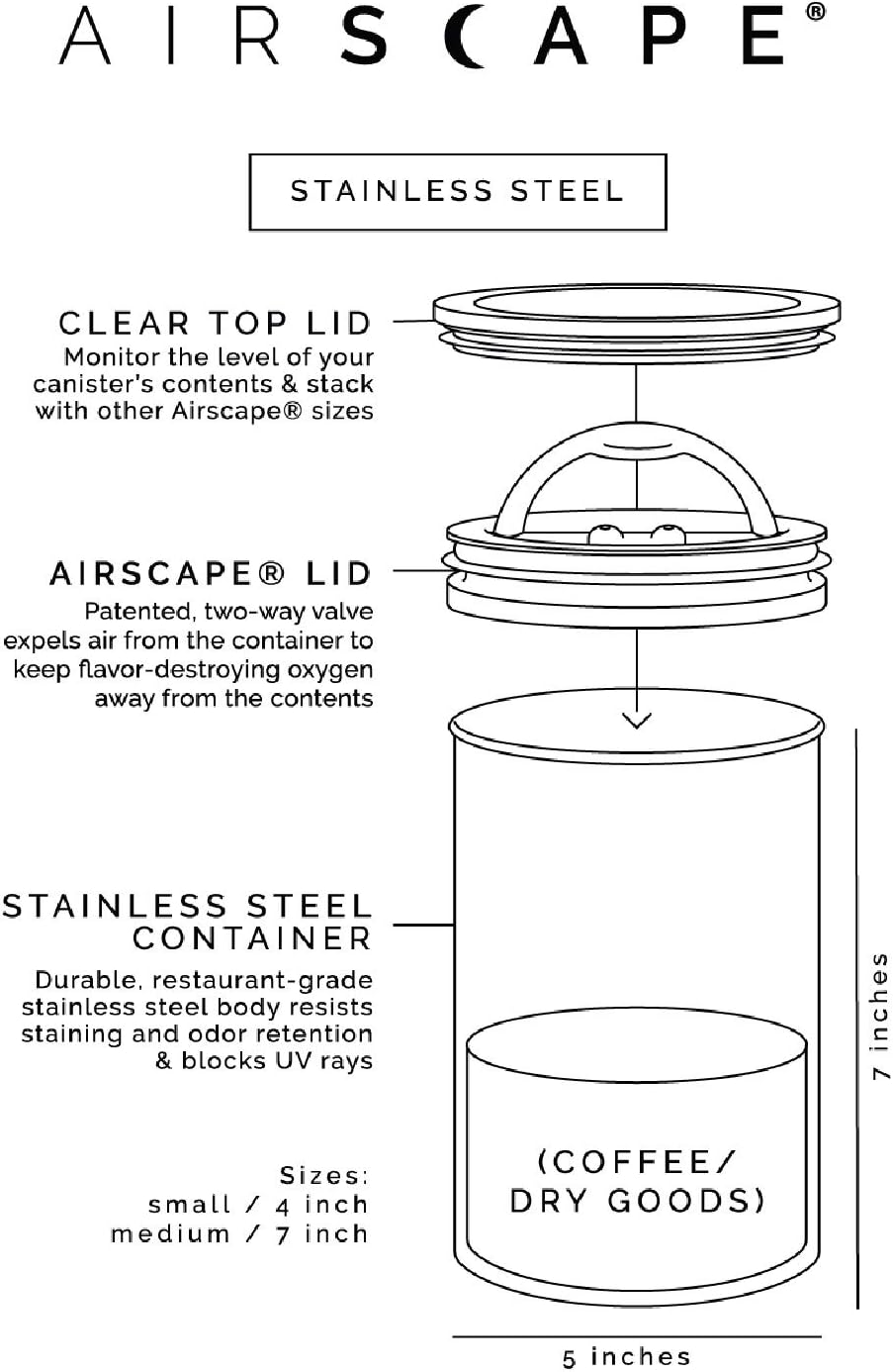 Planetary Design Airscape Stainless Steel Coffee Canister | Food Storage Container | US Patented Airtight Lid | Push Out Excess Air Preserve Food Freshness (Small, Matte White)
