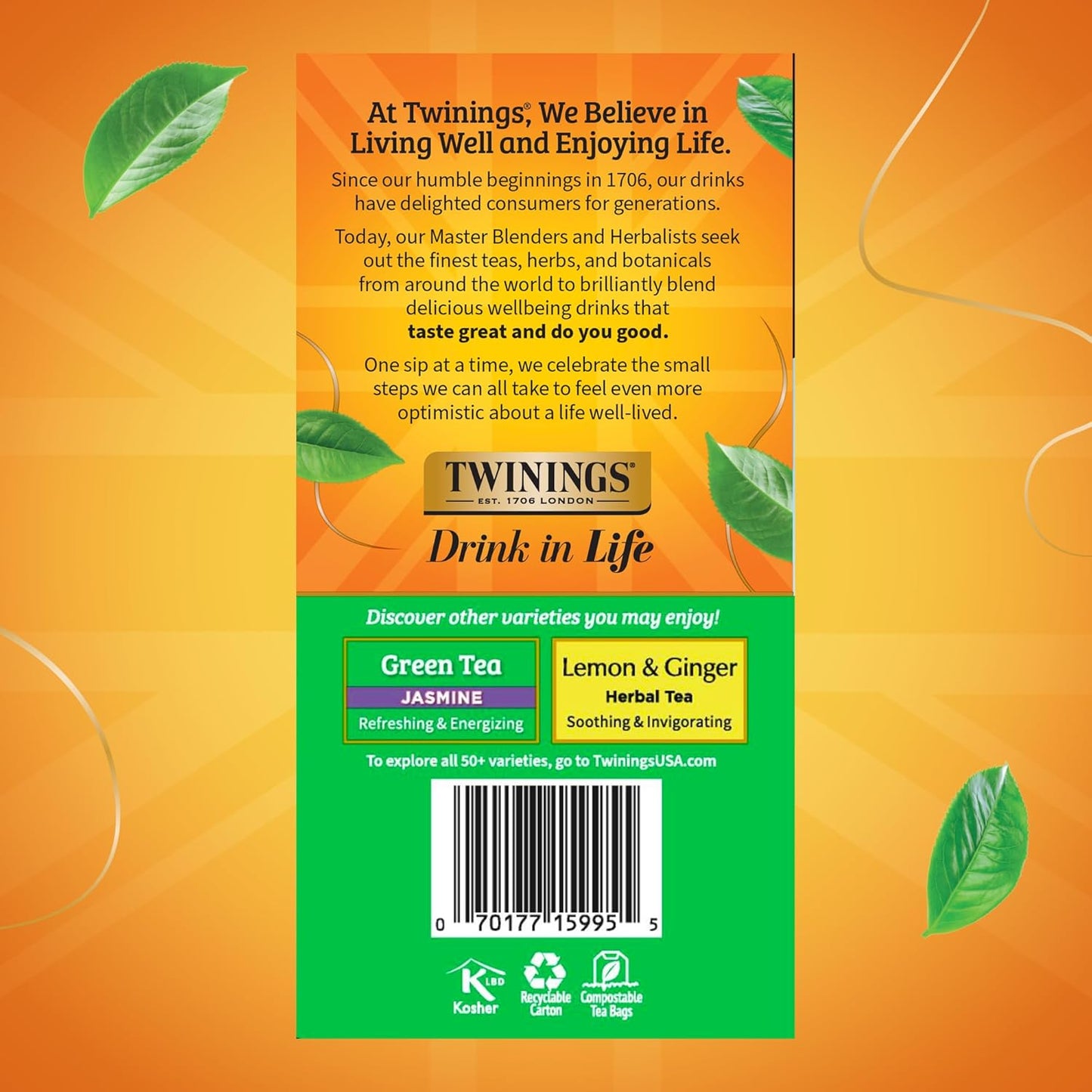 Twinings Pure Green Tea Individually Wrapped Bags, 50 Count (Pack of 6), Smooth Flavour, Enticing Aroma, Caffeinated, Enjoy Hot or Iced, 300 Teabags