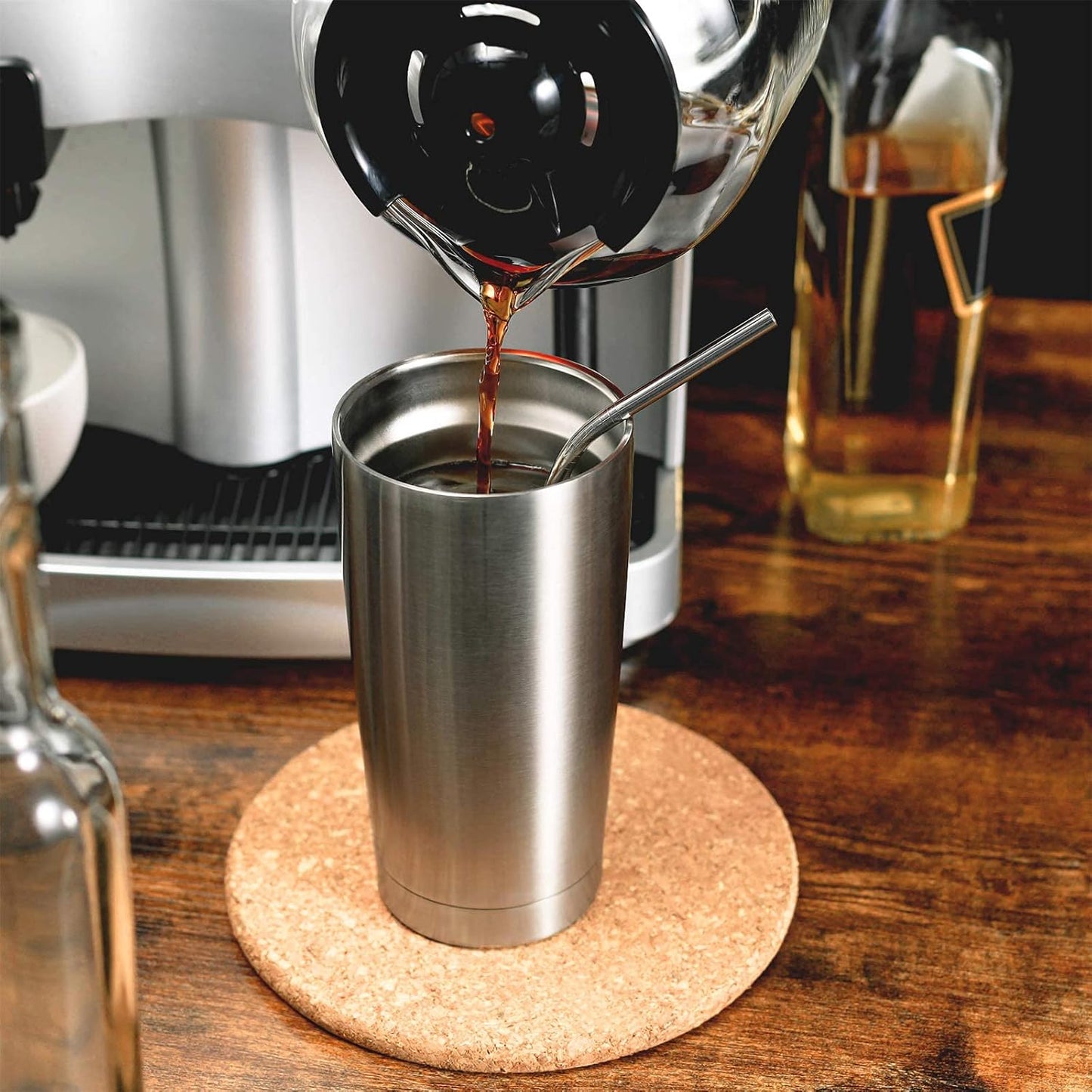 COMOOO 20oz Tumbler with Straw Stainless Steel Insulated Coffee Tumbler Cups Double Wall Vacuum Travel Coffee Mug with Splash Proof Sliding Lid for Hot Cold Drinks (Silver, 1 Pack)