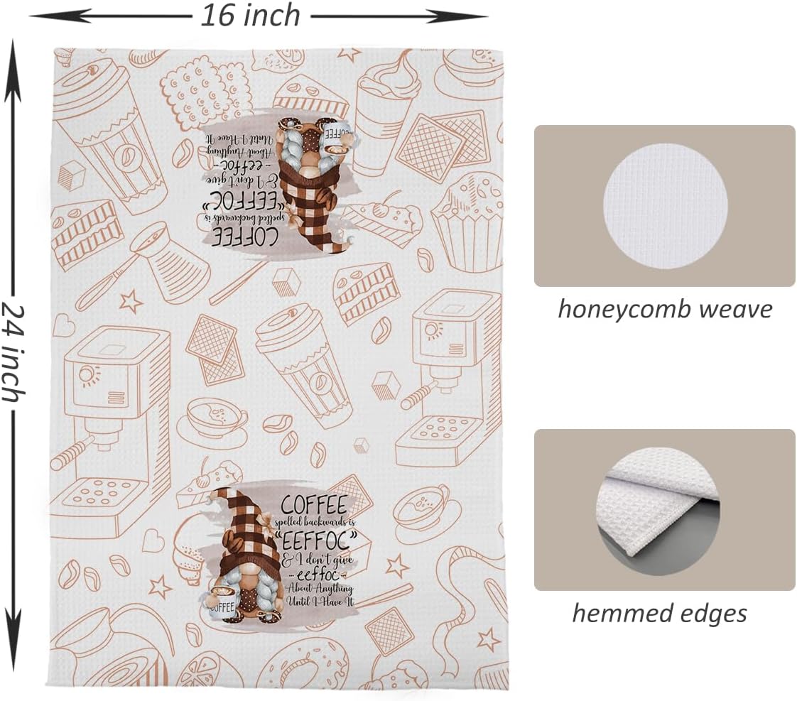 Coffee Gnome Kitchen Towels for Bar Decor - Funny Dish Tea Towels, Lover Gifts, 16x24 Inches