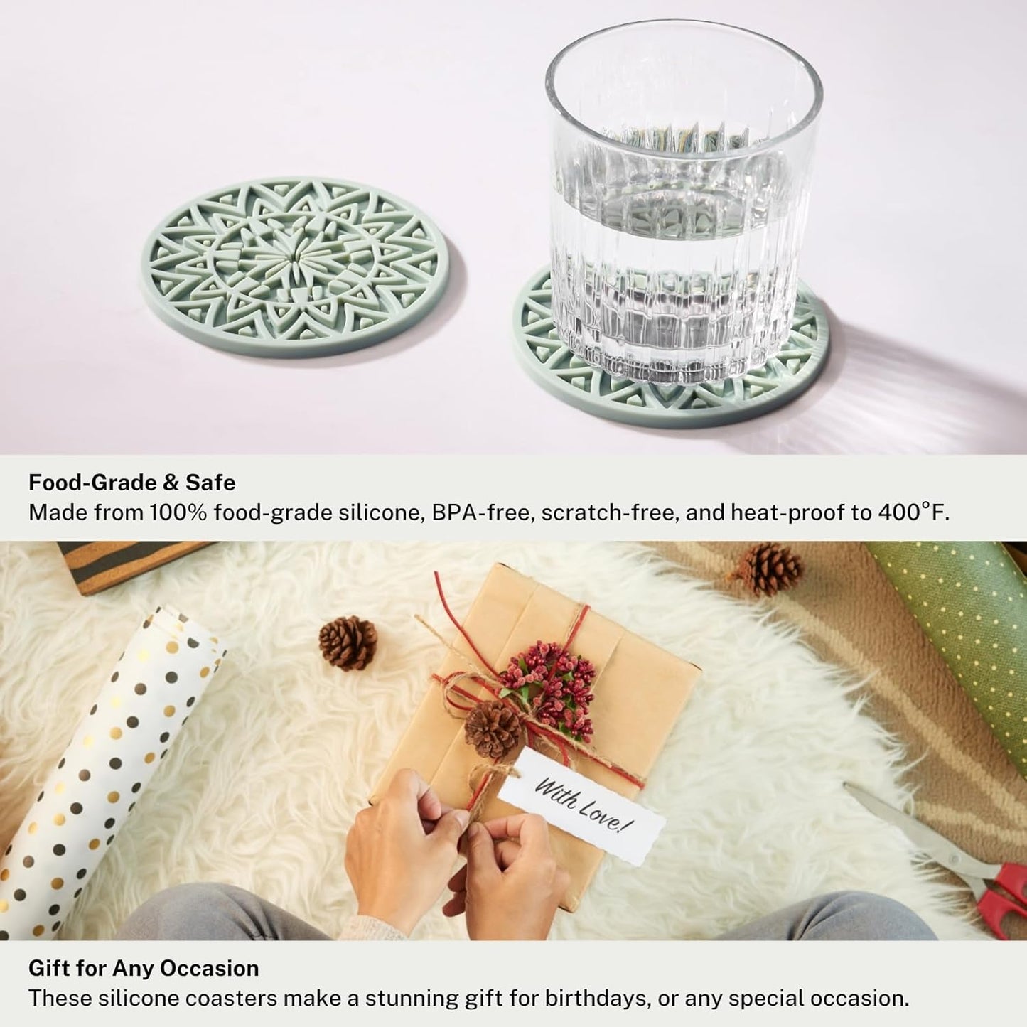 Set of 6 Sage Green Silicone Coasters with Holder, Drink Coasters with Tribal Pattern Shape- for Table Protection, Anti Slip, Nonstick, Heat Resistant, Deep Tray