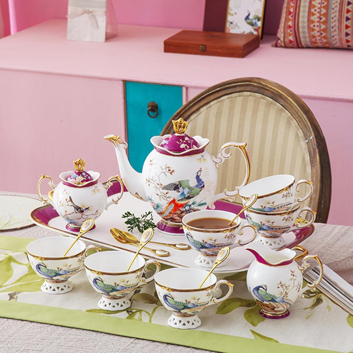 ACMLIFE Fine Bone China Tea Set for Adults with Teapot, Porcelain Tea Sets 21-Piece Vintage Floral English Tea Set for 6, China Tea Sets 24K Gold Bone China Tea Pot and Cups Set Gifts for Women