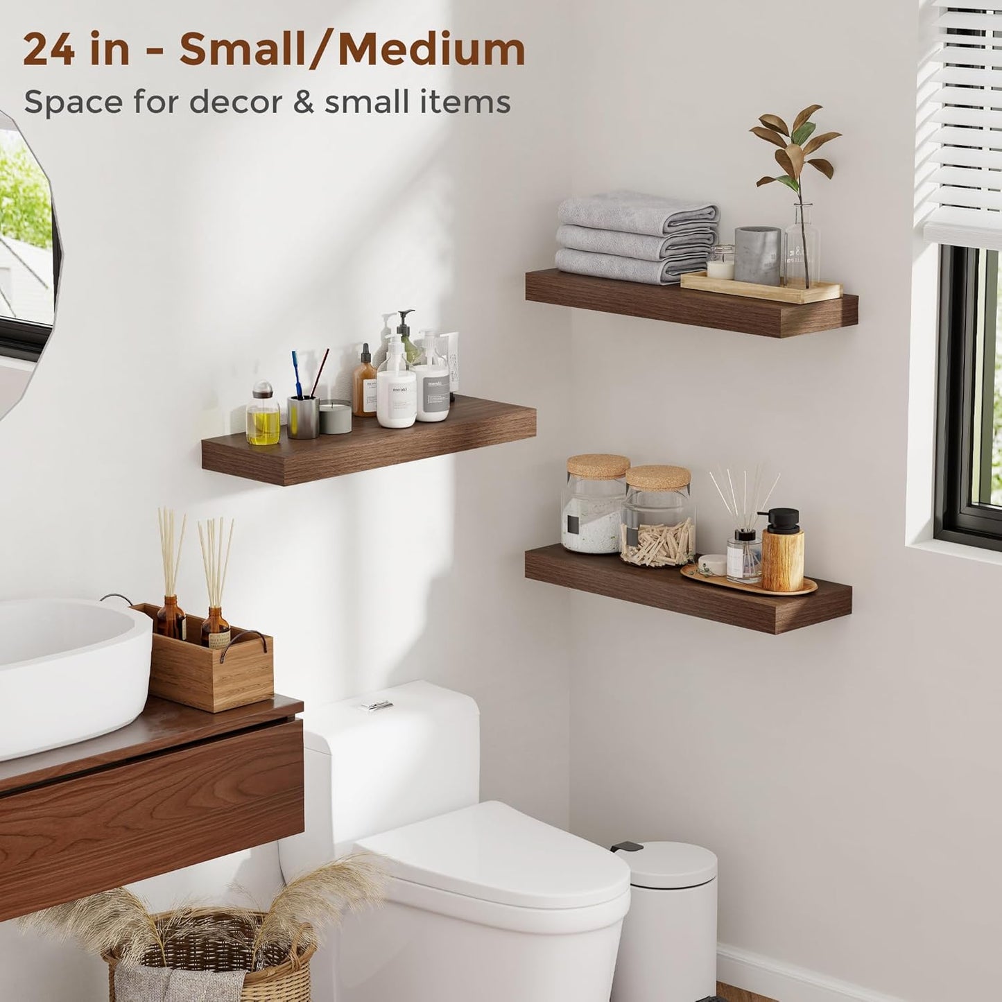 Heimlove 16 Inch Floating Shelves for Wall Walnut Shelves Set of 2,Wall Mounted Rustic Wood 8 Inch Deep Floating Shelf with Invisible Brackets for Bedroom Kitchen Living Room