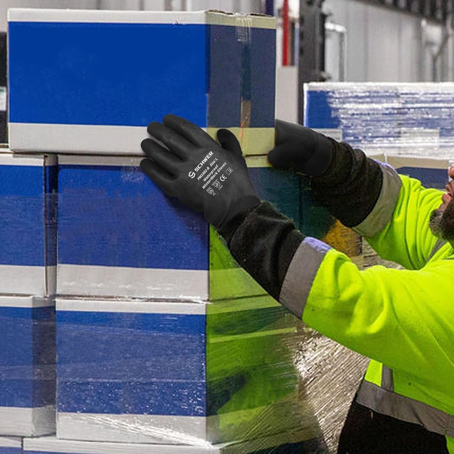 Schwer FreezeGuard Winter Work Gloves, ANSI A2 Cut Resistant Freezer Gloves for Outdoor Cold Weather Keep Hands Warm, Waterproof Gloves for Shoveling Snow, Ice Fishing, XL