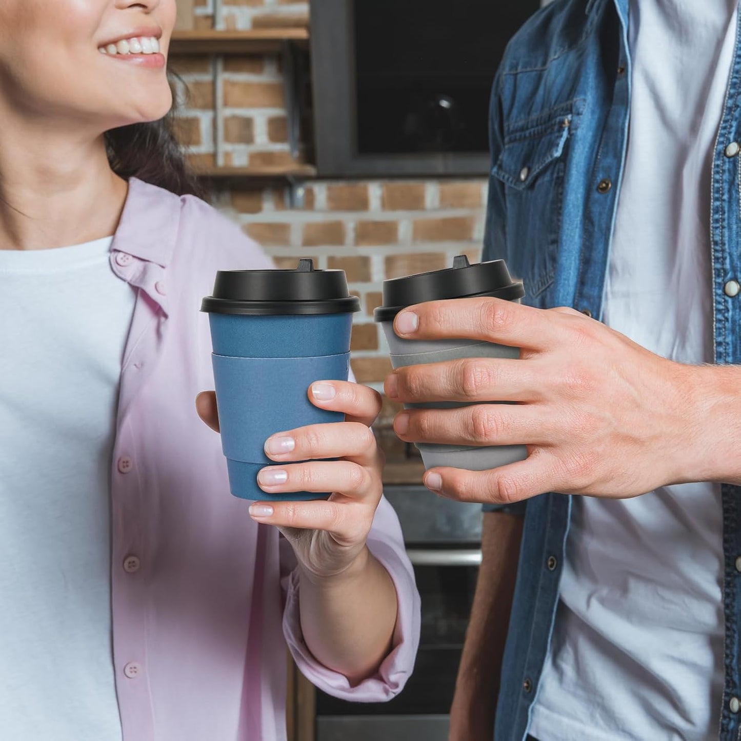 LITOPAK 100 Pack 12 oz Disposable Paper Coffee Cups with Lids, Sleeves and Stirring Sticks for Hot Coffee, Water or Juice, Blue and Gray Hot Paper Cups for Cafes, schools, offices, shops