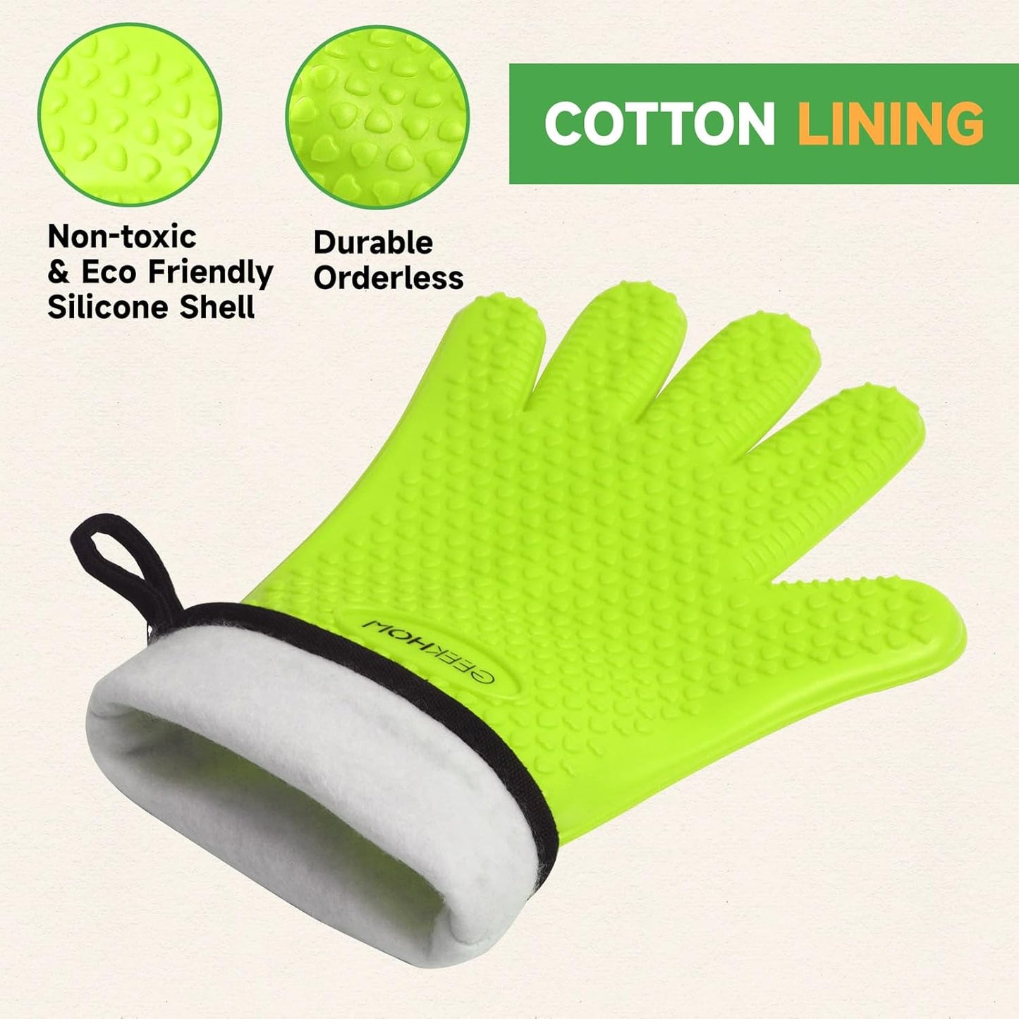 GEEKHOM BBQ Gloves Heat Resistant Oven Mitts - Silicone Grilling Gloves with 13.7" Arm Protection - Waterproof Pot Holder Non-Slip for Men & Women, Kitchen Outdoor Cooking, Baking, Camping, Green