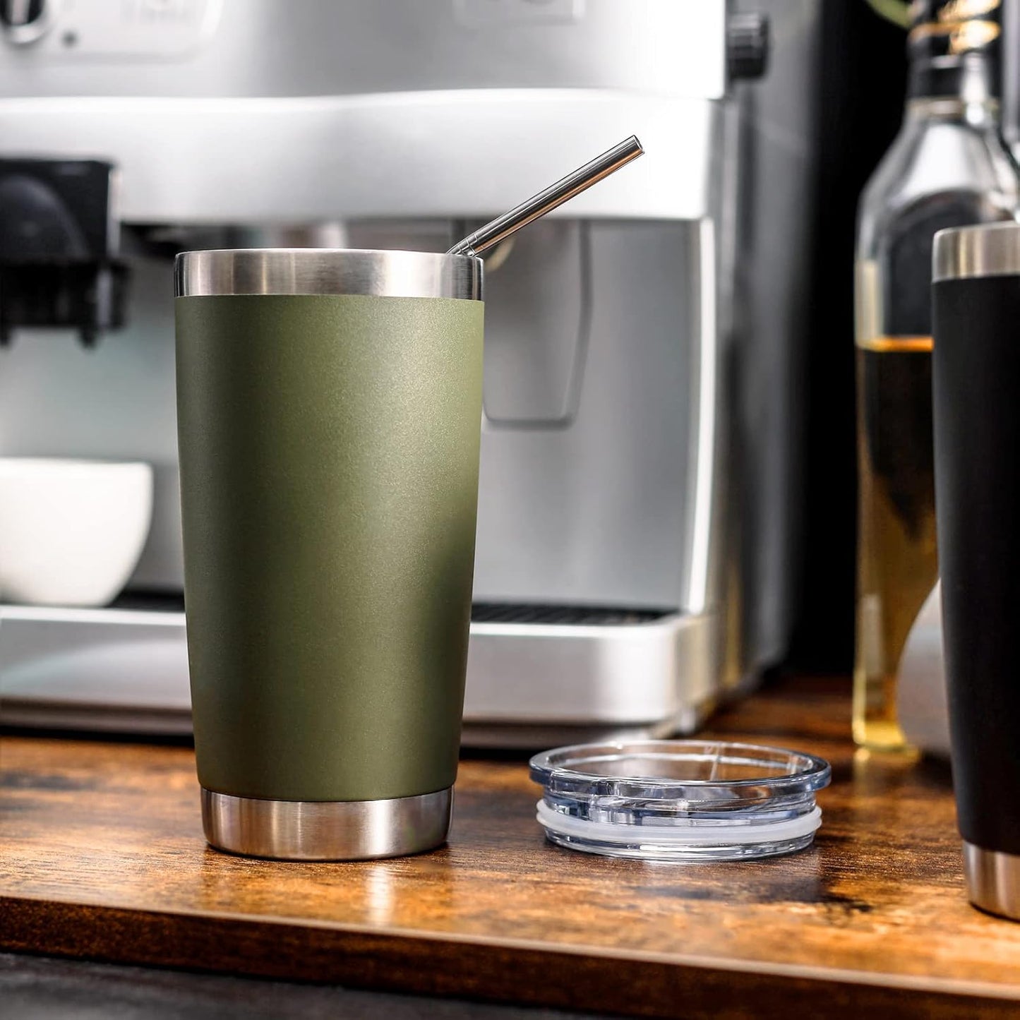 COMOOO 20oz Double Wall Vacuum Insulated Travel Mug, Stainless Steel Tumbler with Lid and Straw Durable Powder Coated Insulated Coffee Cup for Cold & Hot Drinks(Army Green, 6 Pack)