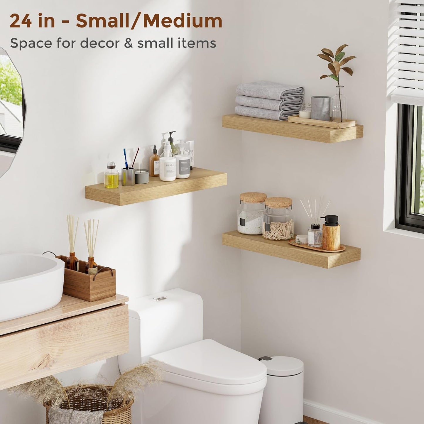 Heimlove 16 Inch Floating Shelves for Wall Oak Shelves Set of 2,Wall Mounted Rustic Wood 8 Inch Deep Floating Shelf with Invisible Brackets for Bedroom Kitchen Living Room