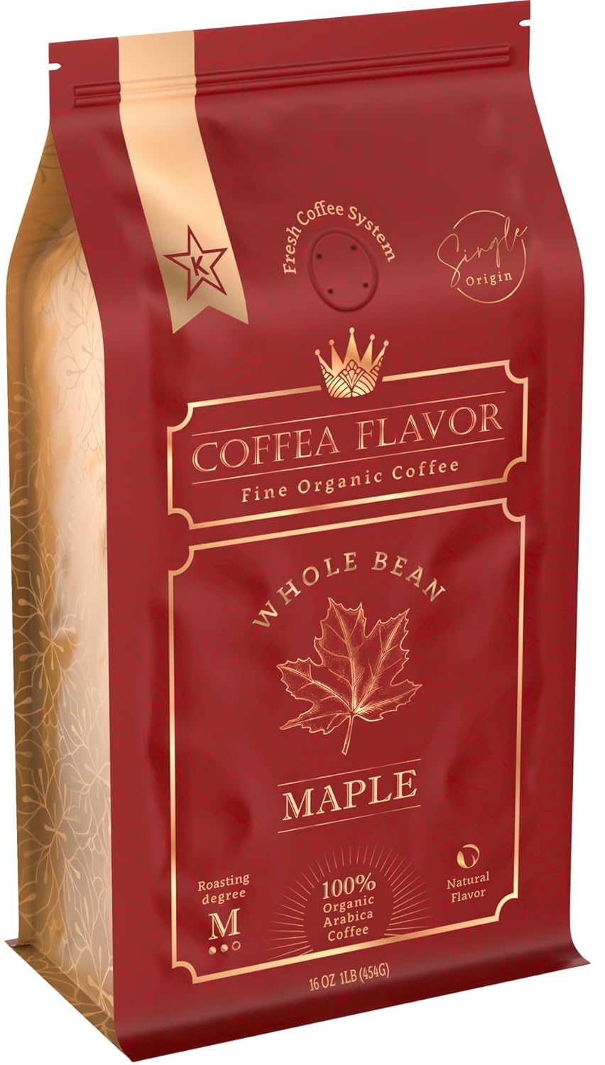 Maple Flavored Whole Bean Coffee – 100% Arabica, Single Origin, Medium Roast, USDA Organic, Naturally Sweetened – by Coffea Flavor